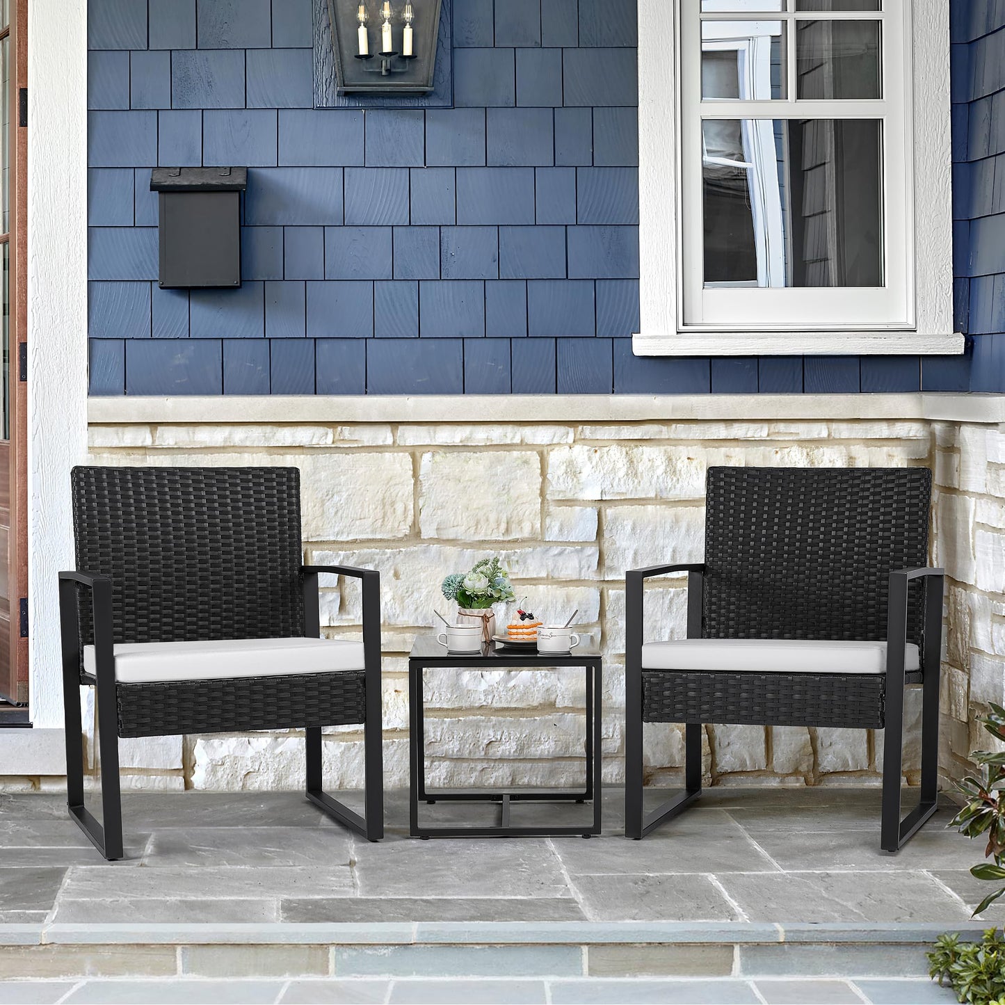 Flamaker 3 Pieces Patio Set Outdoor Wicker Furniture Sets Modern Rattan Chair Conversation Sets with Coffee Table for Yard and Bistro (Black)