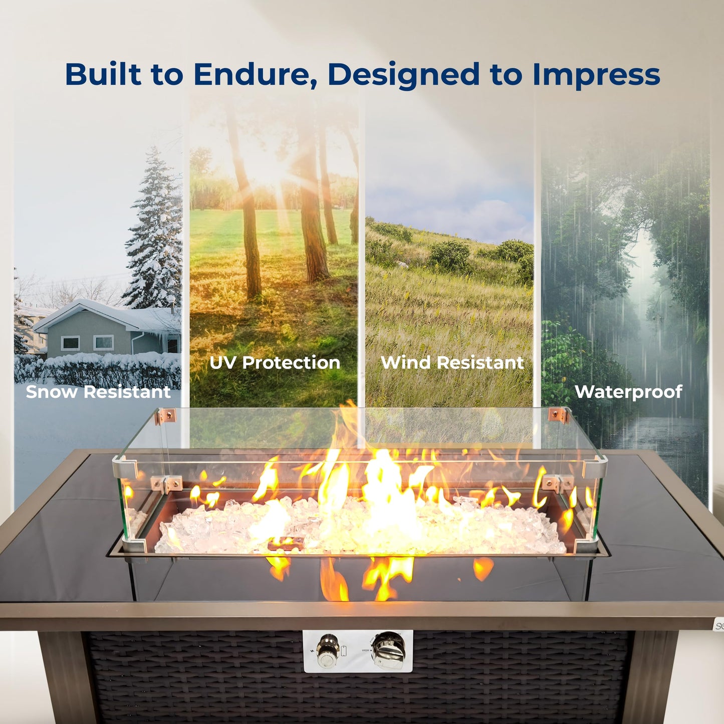 SereneLife Outdoor Propane Gas Fire Pit Table – 50,000 BTU Auto-Ignition Firepit with Glass Wind Guard, Black Tempered Glass Top & Clear Glass Rocks for Garden, Patio, or Backyard
