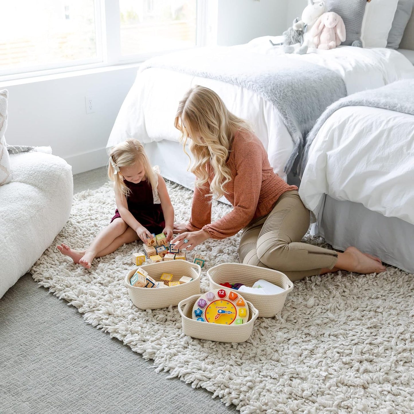 NaturalCozy 5-Piece Rectangle Storage Basket Set- Natural Cotton Rope Woven for Organizing! Small Basket for Montessori, Baby Nursery, Dog Toy Baskets, Cat Toy Box, Bathroom Organization Bin