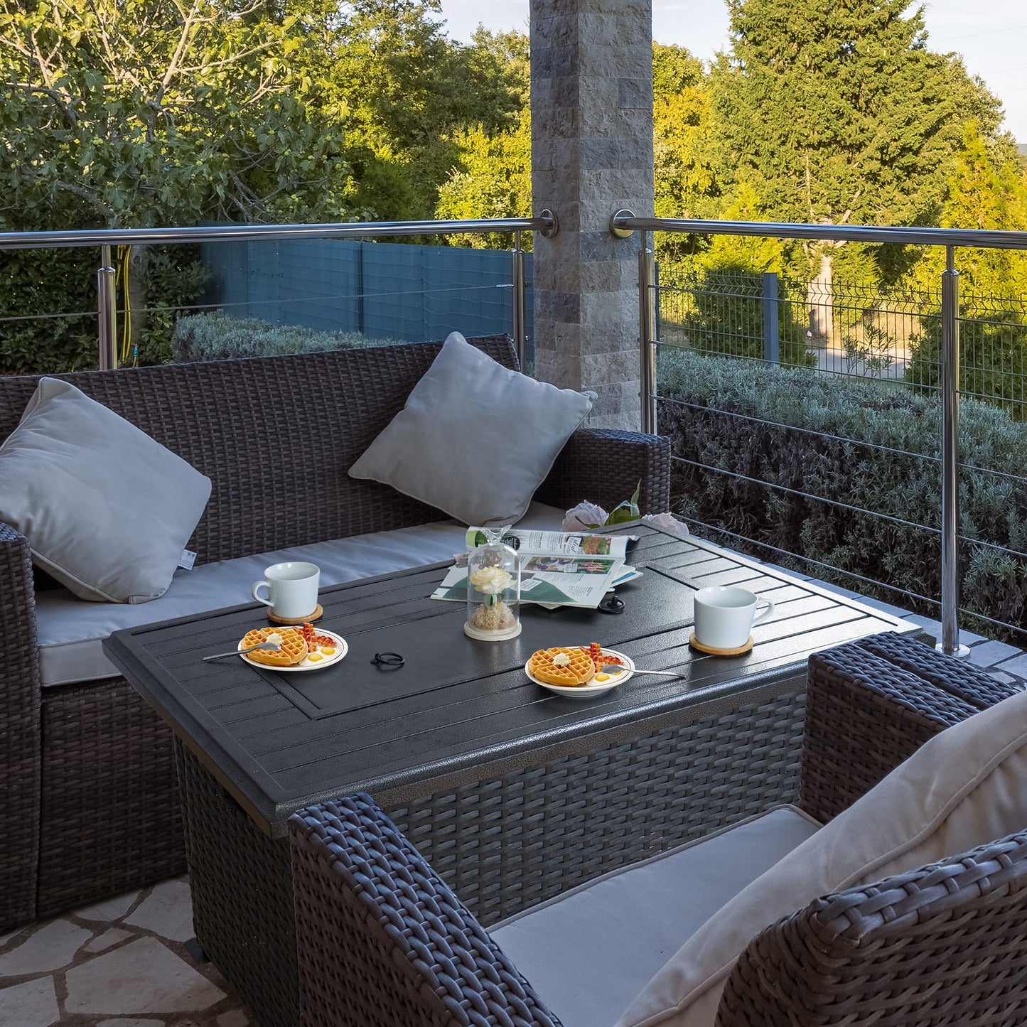Kozyard Outdoor Patio Propane Gas Fire Pit Table - 50,000 BTU Wicker Design with Aluminum Tabletop, Glass Wind Guard, Clear Glass Rocks Slide Out Tank Holder - Ideal Patio Fire Table (Brown)
