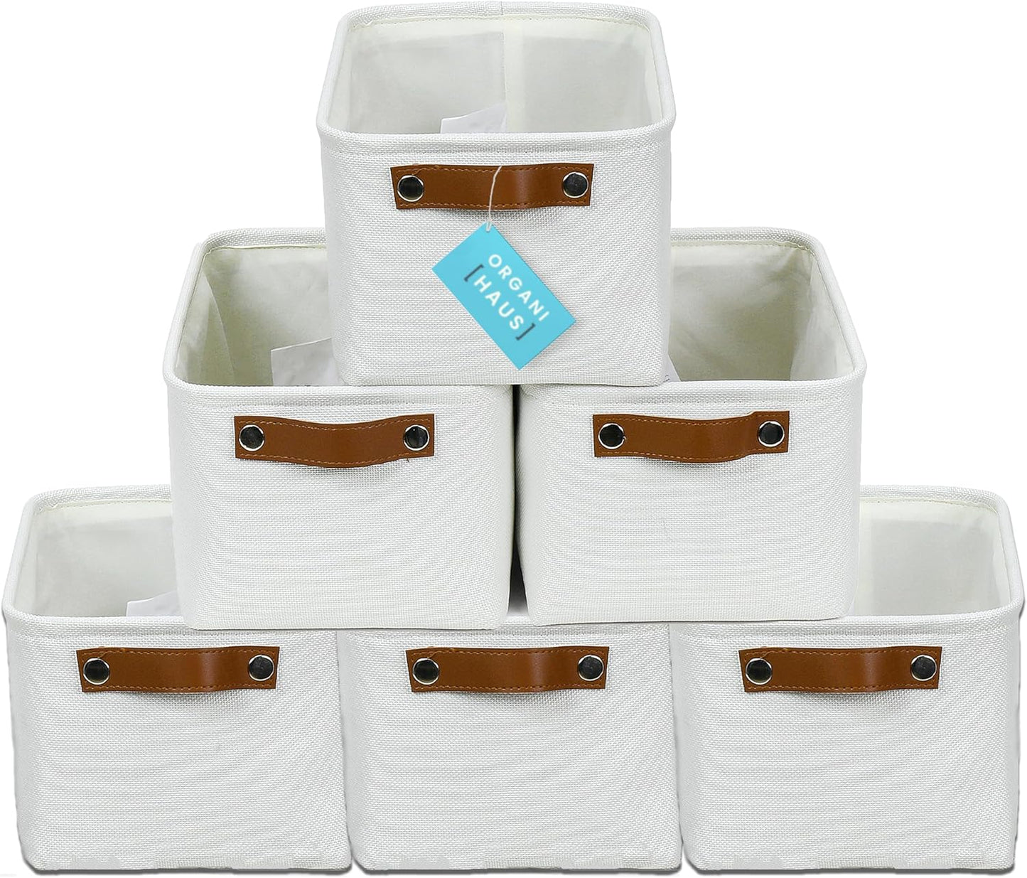 OrganiHaus Small Fabric Storage Baskets for Shelves 3 Pack, 12x8in Closet Storage Bins for Shelves, Cloth Baskets for Organizing, Linen Closet Organizers, Fabric Basket, Beige/White