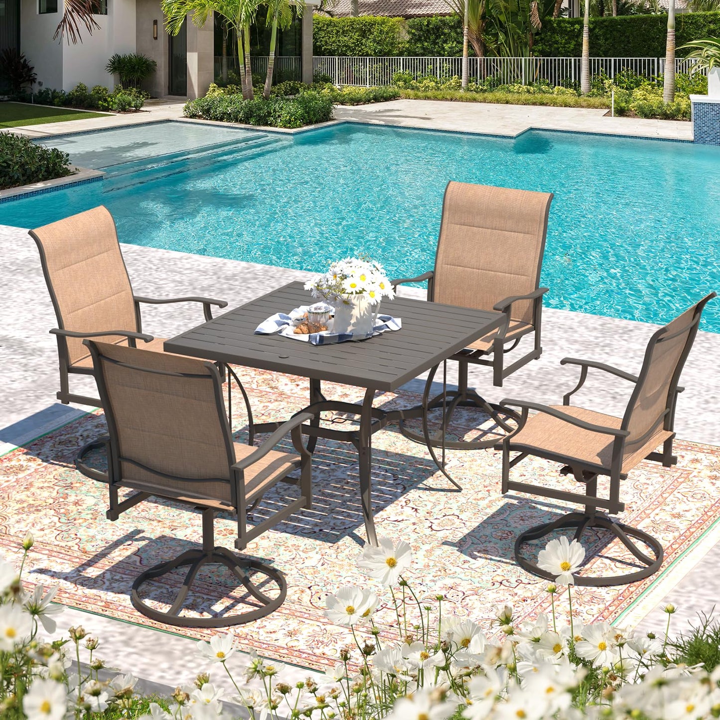 9-Piece Outdoor Patio Dining Set with 8 Swivel Rocker Chairs, Rectangular Metal Table with Umbrella Hole, 8-Person Patio Table and Chairs for Backyard, Poolside, Balcony and Garden Grey