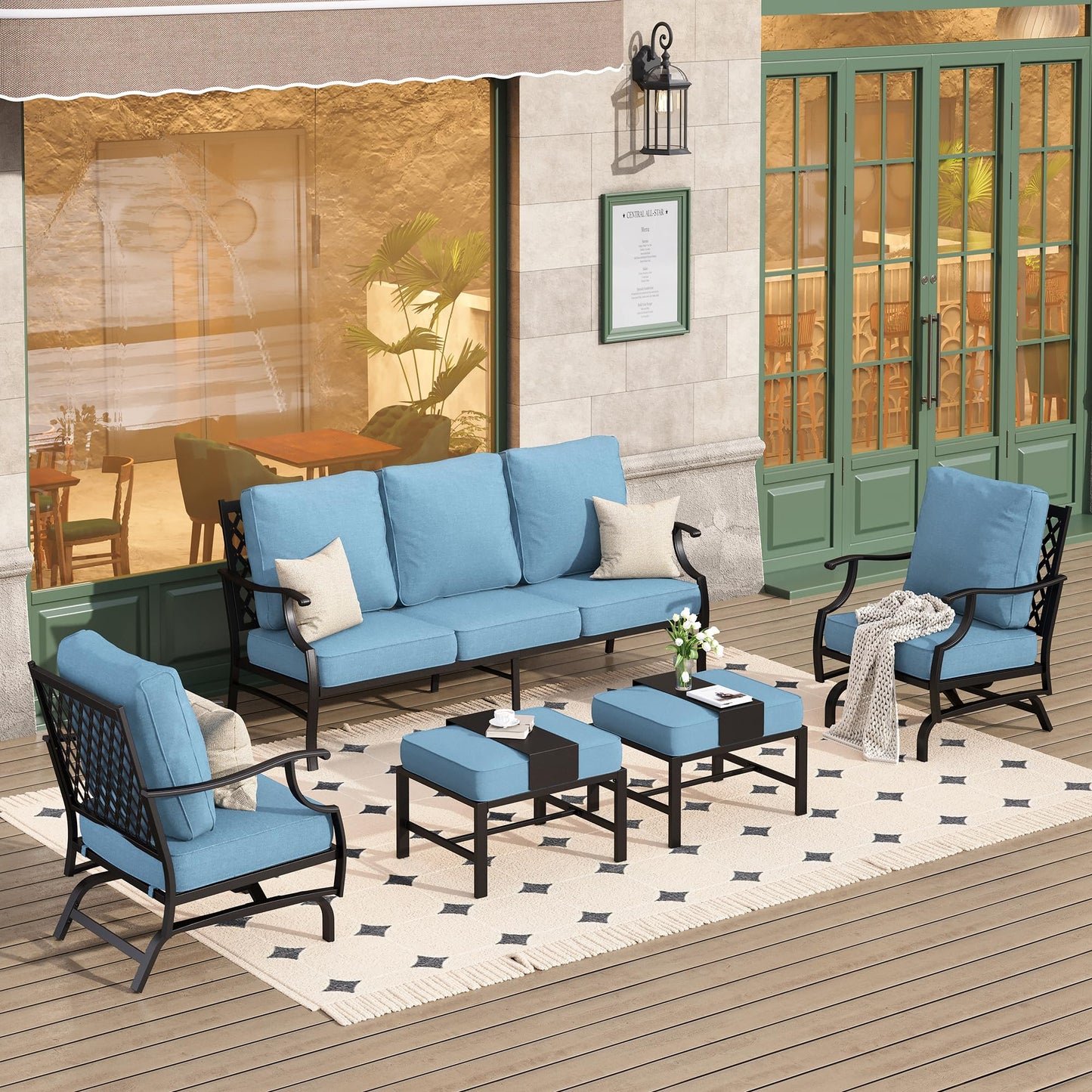 HERA'S HOUSE 7 Piece Patio Furniture Set, 2 x Rocking Chair, 2 x Fixed Chair, 2 x Ottoman, 1 x 3-Seat Sofa, All Cushioned 9 Seats Outdoor Conversation Set for Lawn Garden Backyard