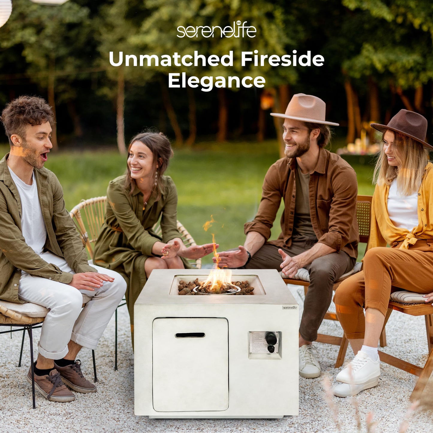 SereneLife Outdoor Propane Gas Fire Pit Table – 50,000 BTU Auto-Ignition Firepit with Glass Wind Guard, Black Tempered Glass Top & Clear Glass Rocks for Garden, Patio, or Backyard