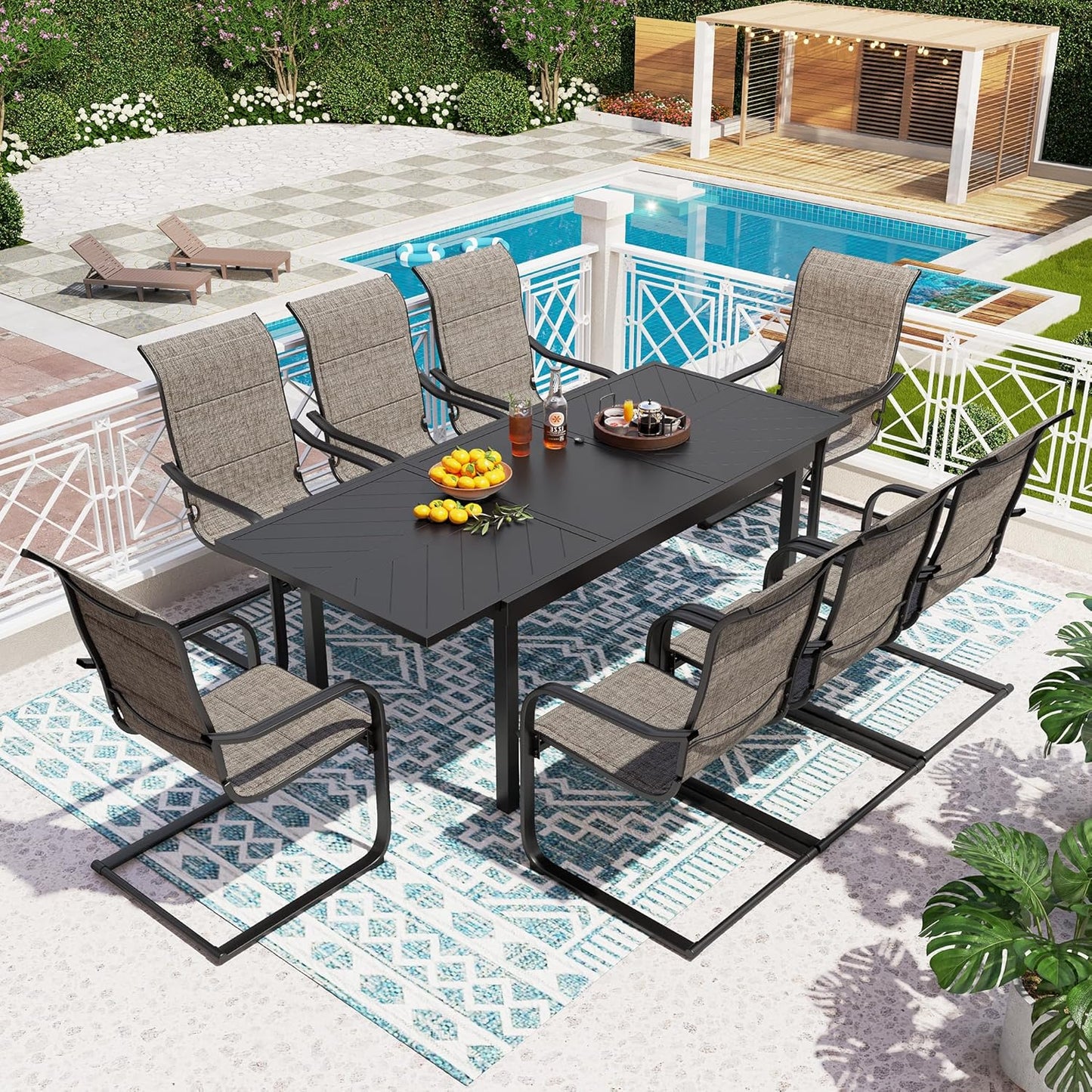 PHI VILLA 9 PCS Outdoor Dining Set,8 Spring Padded Dining Chairs with Higher Back and Extended Dining Table,Patio Furniture Set Waterproof,Rustproof for Garden, Yard