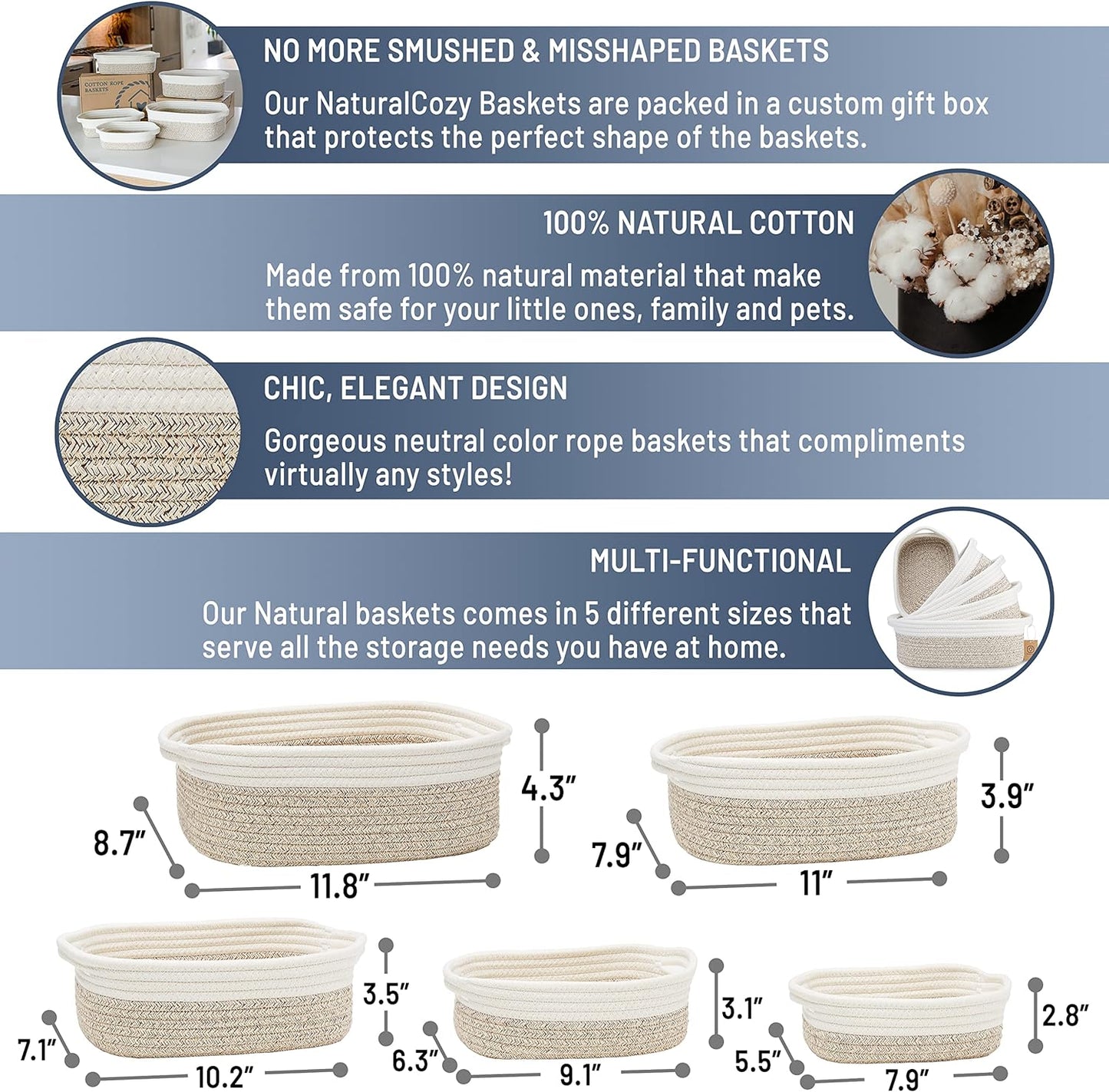 NaturalCozy 5-Piece Rectangle Storage Basket Set- Natural Cotton Rope Woven for Organizing! Small Basket for Montessori, Baby Nursery, Dog Toy Baskets, Cat Toy Box, Bathroom Organization Bin