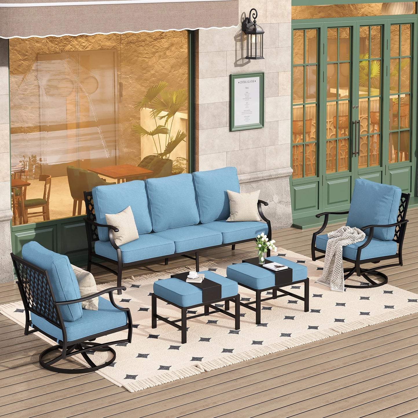 HERA'S HOUSE 7 Piece Patio Furniture Set, 2 x Rocking Chair, 2 x Fixed Chair, 2 x Ottoman, 1 x 3-Seat Sofa, All Cushioned 9 Seats Outdoor Conversation Set for Lawn Garden Backyard
