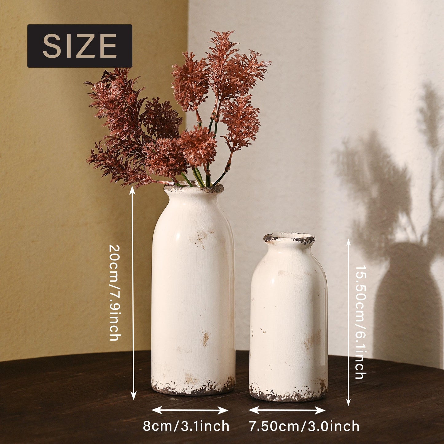 VICTOR & TERESA White Ceramic Vases Home Decor, Farmhouse Vase for Flowers, Flower Vase Set of 2, Rustic Decorative Vases for Pampas Grass, Table, Living Room, Shelf, Centerpieces, 8 inch