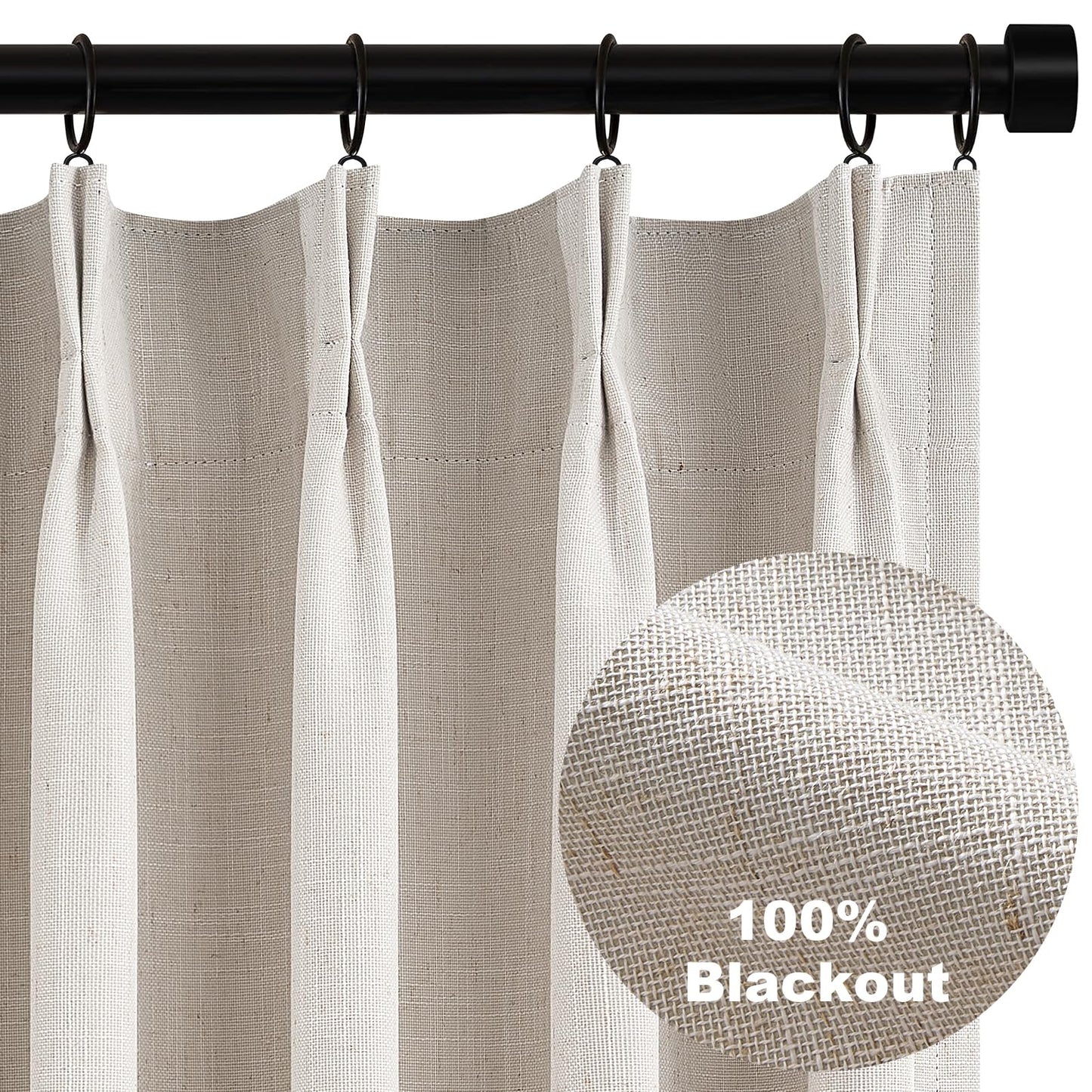 Topfinel 120 Inches Long Extra Long Pinch Pleat Faux Linen Curtains for Living Room,Neutral Beige 100 Percent Blackout Floor to Ceiling Farmhouse Sound Absorbing Drapes 2 Panels for Track System 10 FT