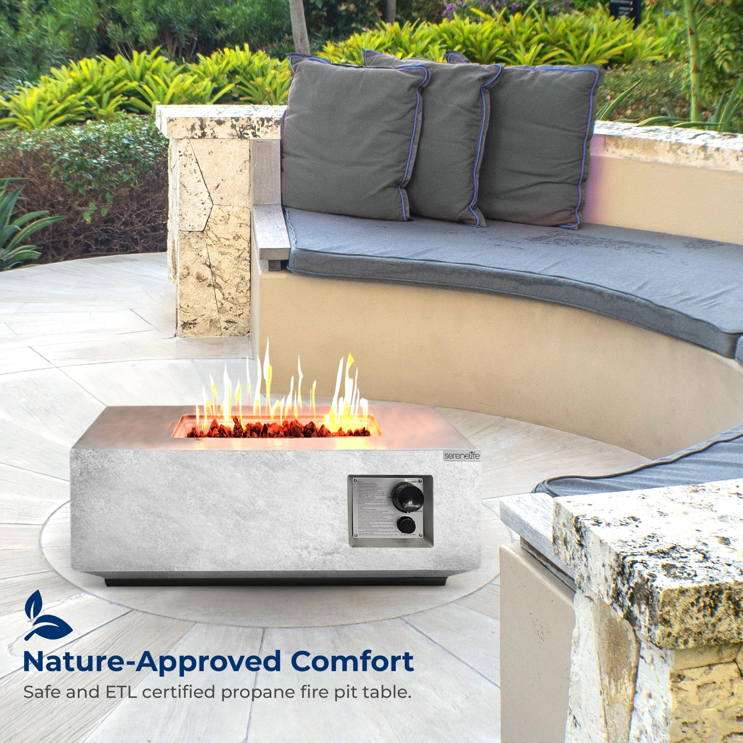 SereneLife Outdoor Propane Gas Fire Pit Table – 50,000 BTU Auto-Ignition Firepit with Glass Wind Guard, Black Tempered Glass Top & Clear Glass Rocks for Garden, Patio, or Backyard