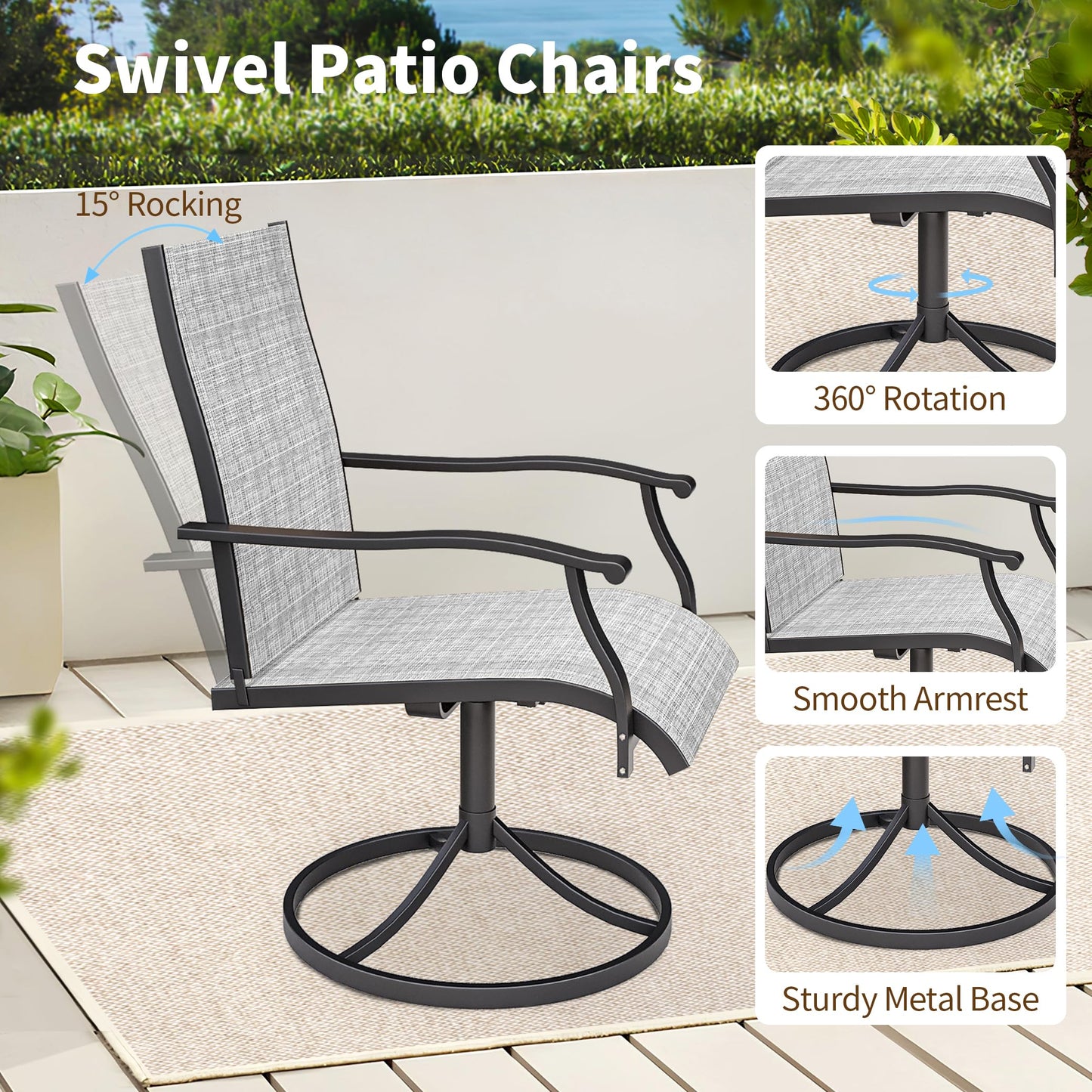 9-Piece Outdoor Patio Dining Set with 8 Swivel Rocker Chairs, Rectangular Metal Table with Umbrella Hole, 8-Person Patio Table and Chairs for Backyard, Poolside, Balcony and Garden Grey