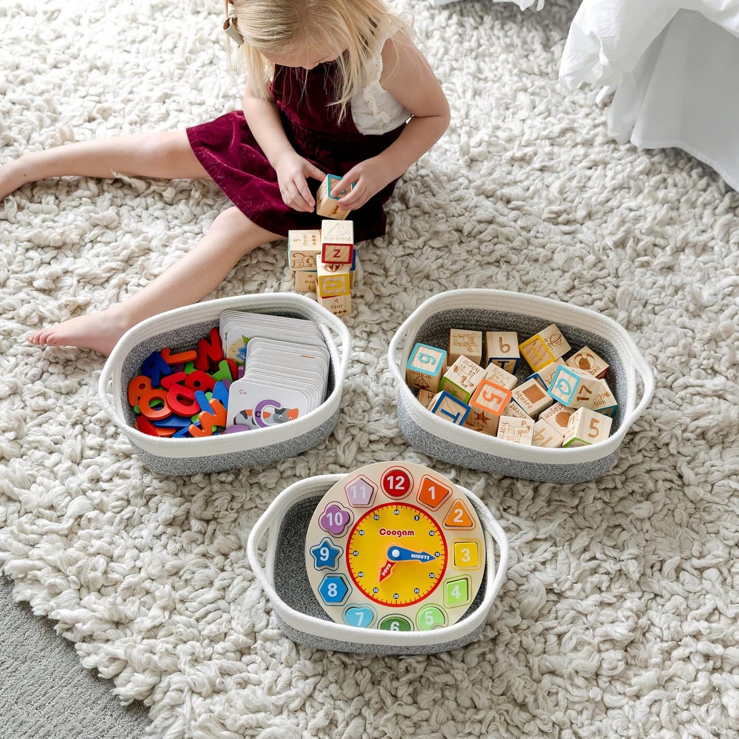 NaturalCozy 5-Piece Rectangle Storage Basket Set- Natural Cotton Rope Woven for Organizing! Small Basket for Montessori, Baby Nursery, Dog Toy Baskets, Cat Toy Box, Bathroom Organization Bin
