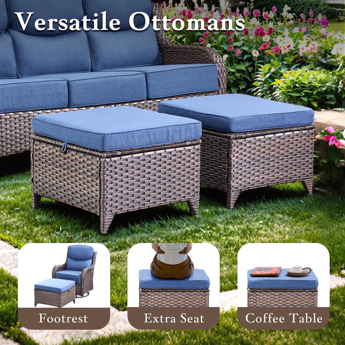 Luxury Outdoor Swivel Rocker Patio Chairs, High Back Swivel Patio Chairs with Side Table & 6-Inch Thick Cushions, Wicker Outdoor Bistro Set for Porch, Yard, Deck, Poolside, Brown/Beige