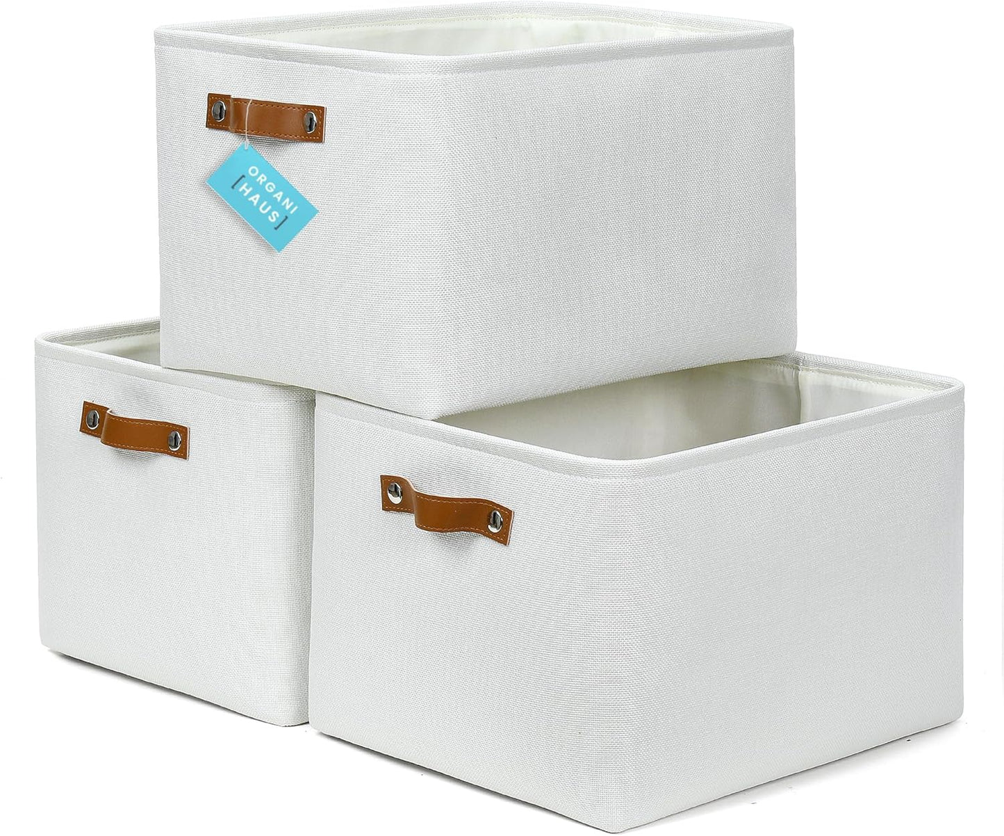 OrganiHaus Small Fabric Storage Baskets for Shelves 3 Pack, 12x8in Closet Storage Bins for Shelves, Cloth Baskets for Organizing, Linen Closet Organizers, Fabric Basket, Beige/White