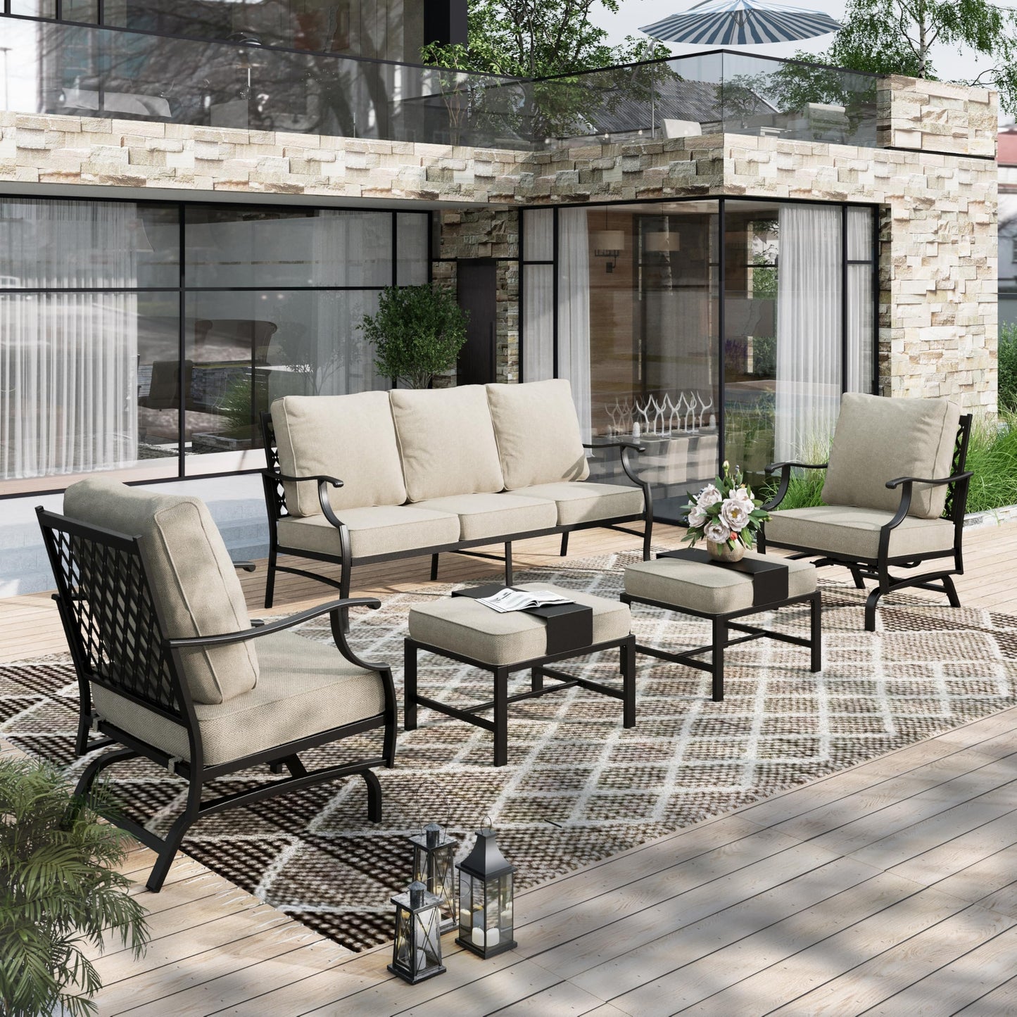 HERA'S HOUSE 7 Piece Patio Furniture Set, 2 x Rocking Chair, 2 x Fixed Chair, 2 x Ottoman, 1 x 3-Seat Sofa, All Cushioned 9 Seats Outdoor Conversation Set for Lawn Garden Backyard