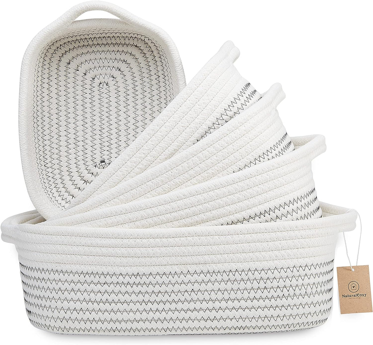 NaturalCozy 5-Piece Rectangle Storage Basket Set- Natural Cotton Rope Woven for Organizing! Small Basket for Montessori, Baby Nursery, Dog Toy Baskets, Cat Toy Box, Bathroom Organization Bin