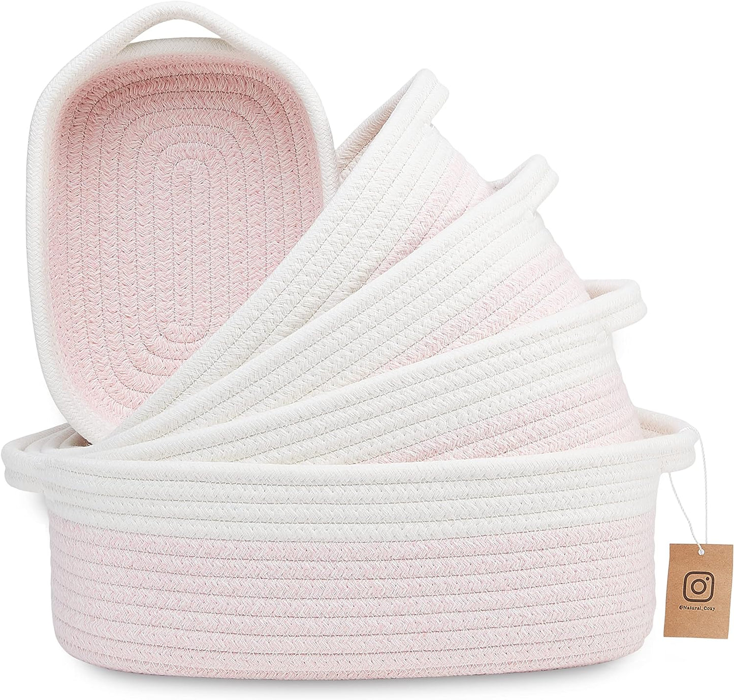 NaturalCozy 5-Piece Rectangle Storage Basket Set- Natural Cotton Rope Woven for Organizing! Small Basket for Montessori, Baby Nursery, Dog Toy Baskets, Cat Toy Box, Bathroom Organization Bin
