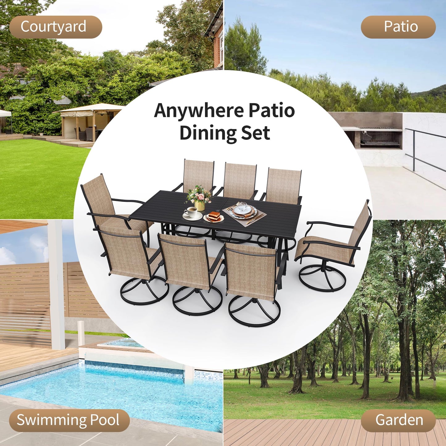 9-Piece Outdoor Patio Dining Set with 8 Swivel Rocker Chairs, Rectangular Metal Table with Umbrella Hole, 8-Person Patio Table and Chairs for Backyard, Poolside, Balcony and Garden Grey