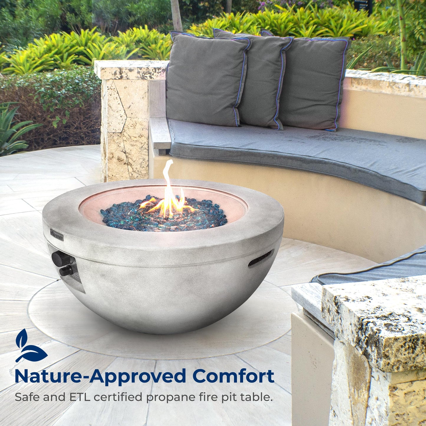 SereneLife Outdoor Propane Gas Fire Pit Table – 50,000 BTU Auto-Ignition Firepit with Glass Wind Guard, Black Tempered Glass Top & Clear Glass Rocks for Garden, Patio, or Backyard