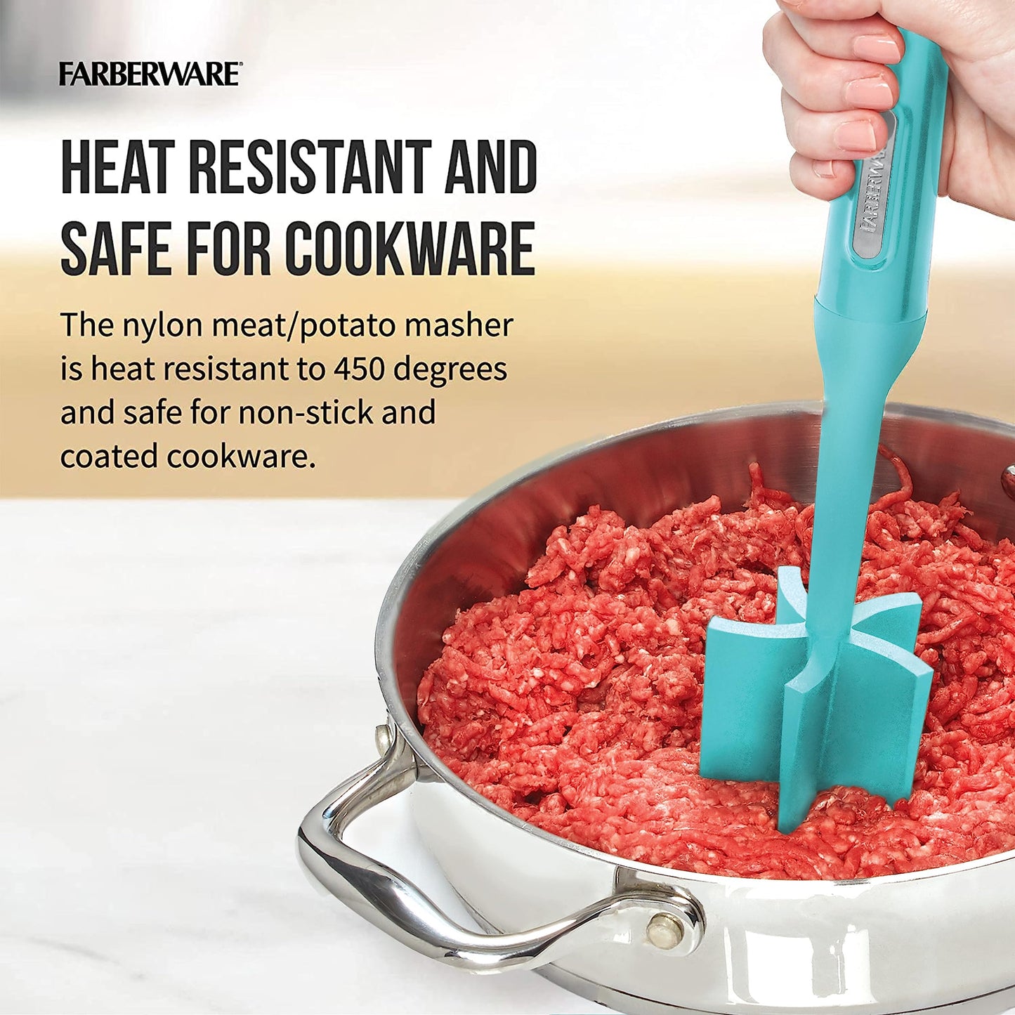 Farberware Heat Resistant Nylon Meat and Potato Masher Safe for Non-Stick Cookware, 10 inch, Aqua