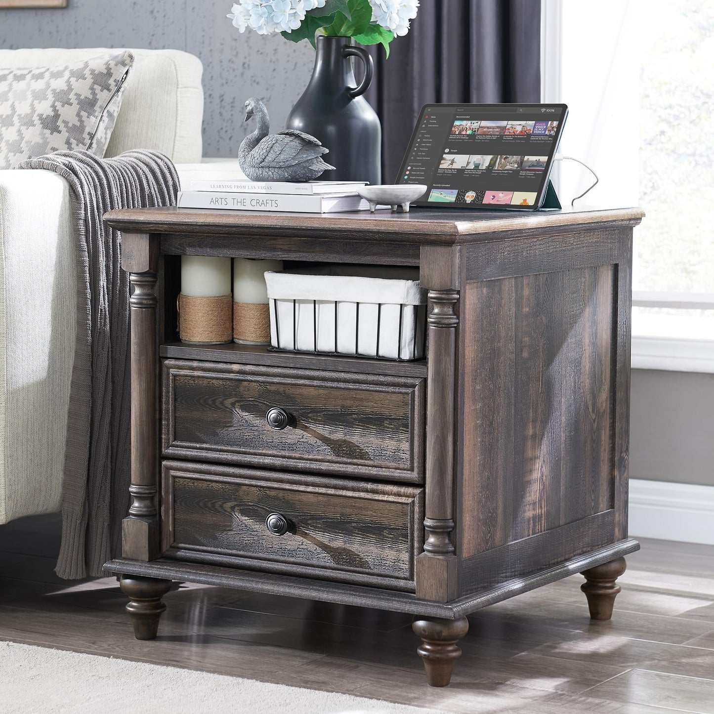 T4TREAM 24'' Farmhouse End Table w/4 Solid Wood Feet, Large 2 Drawers Wide Sofa Side Table with Charging Station, Tall Rustic Wood Square Nightstand for Living Room, Bedroom, Office, Antique White