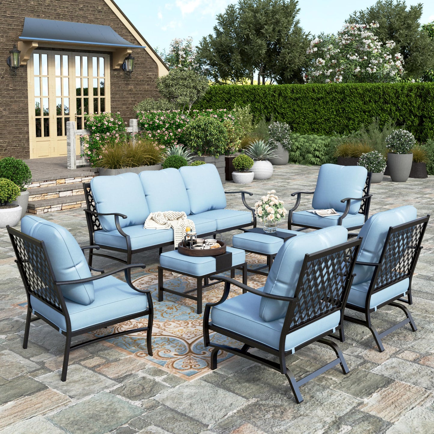 HERA'S HOUSE 7 Piece Patio Furniture Set, 2 x Rocking Chair, 2 x Fixed Chair, 2 x Ottoman, 1 x 3-Seat Sofa, All Cushioned 9 Seats Outdoor Conversation Set for Lawn Garden Backyard