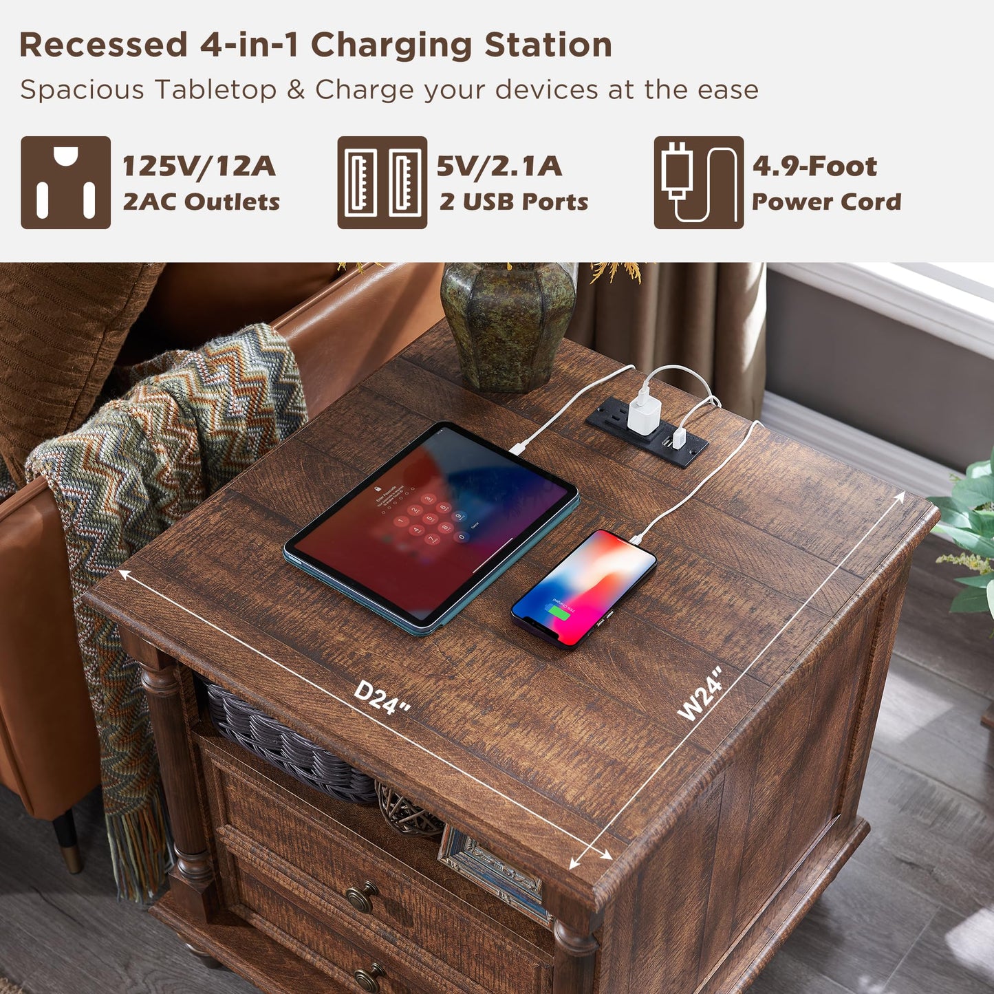 T4TREAM 24'' Farmhouse End Table w/4 Solid Wood Feet, Large 2 Drawers Wide Sofa Side Table with Charging Station, Tall Rustic Wood Square Nightstand for Living Room, Bedroom, Office, Antique White