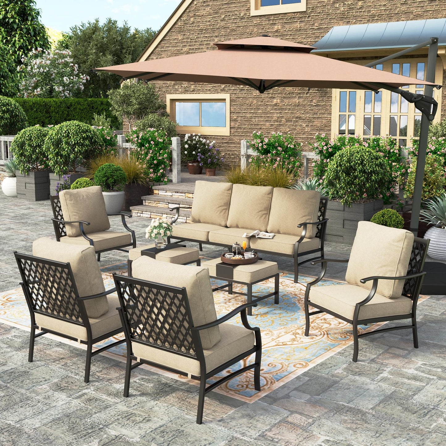 HERA'S HOUSE 7 Piece Patio Furniture Set, 2 x Rocking Chair, 2 x Fixed Chair, 2 x Ottoman, 1 x 3-Seat Sofa, All Cushioned 9 Seats Outdoor Conversation Set for Lawn Garden Backyard