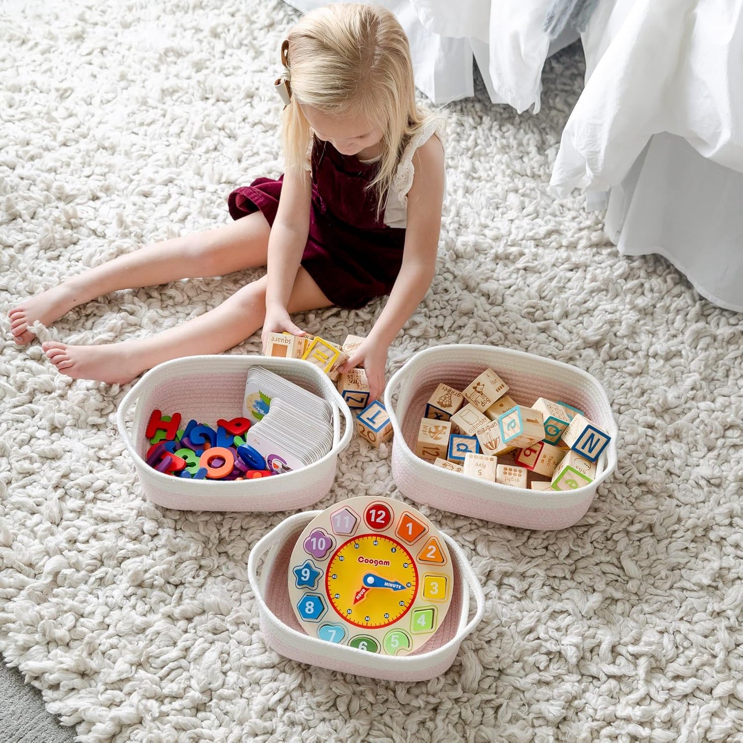 NaturalCozy 5-Piece Rectangle Storage Basket Set- Natural Cotton Rope Woven for Organizing! Small Basket for Montessori, Baby Nursery, Dog Toy Baskets, Cat Toy Box, Bathroom Organization Bin