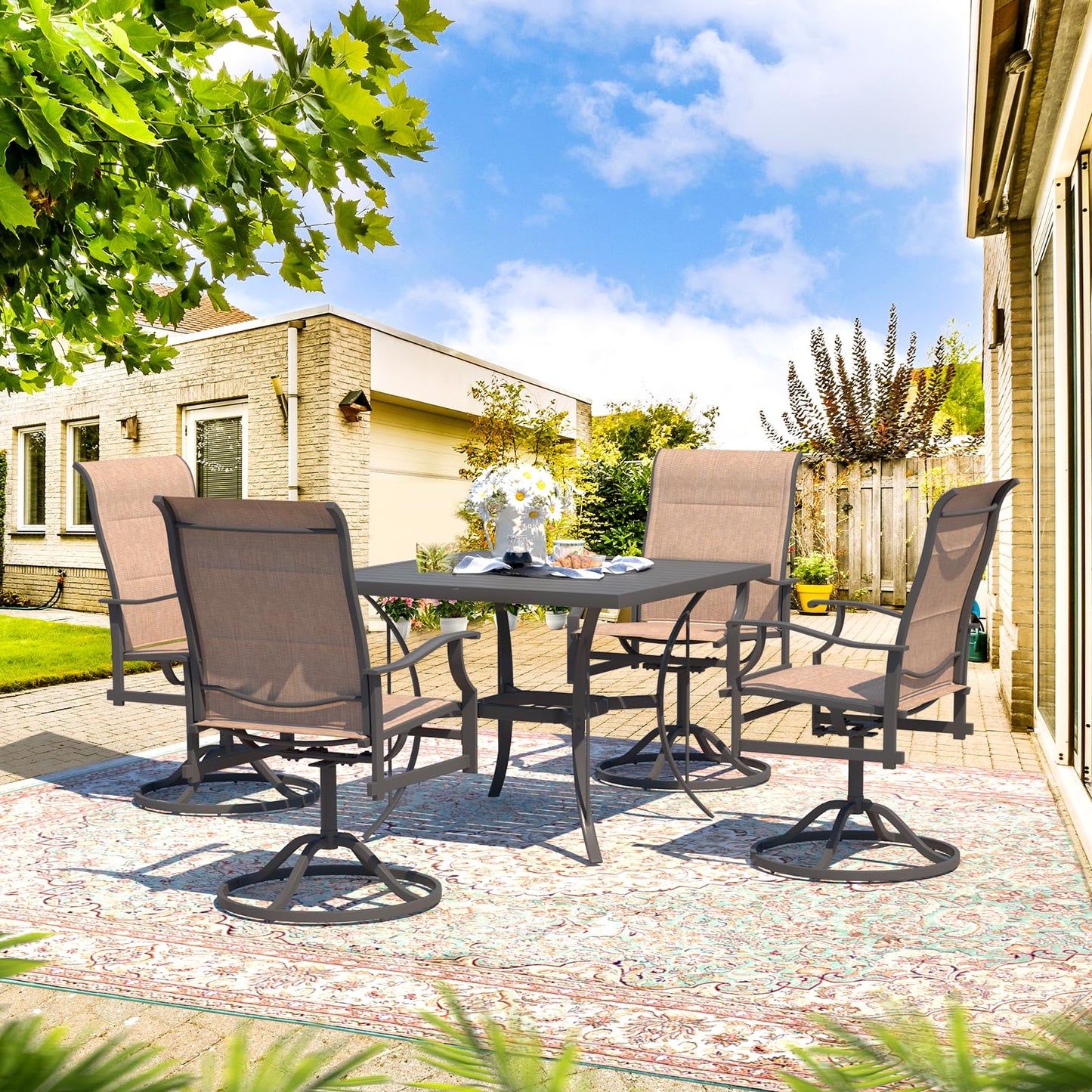 9-Piece Outdoor Patio Dining Set with 8 Swivel Rocker Chairs, Rectangular Metal Table with Umbrella Hole, 8-Person Patio Table and Chairs for Backyard, Poolside, Balcony and Garden Grey