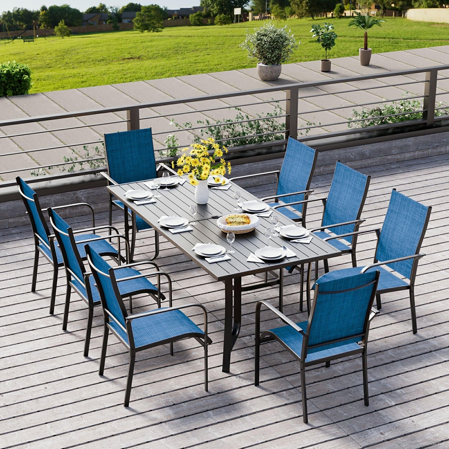 9-Piece Outdoor Patio Dining Set with 8 Swivel Rocker Chairs, Rectangular Metal Table with Umbrella Hole, 8-Person Patio Table and Chairs for Backyard, Poolside, Balcony and Garden Grey