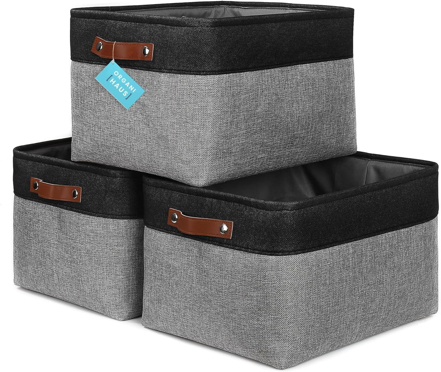 OrganiHaus Small Fabric Storage Baskets for Shelves 3 Pack, 12x8in Closet Storage Bins for Shelves, Cloth Baskets for Organizing, Linen Closet Organizers, Fabric Basket, Beige/White