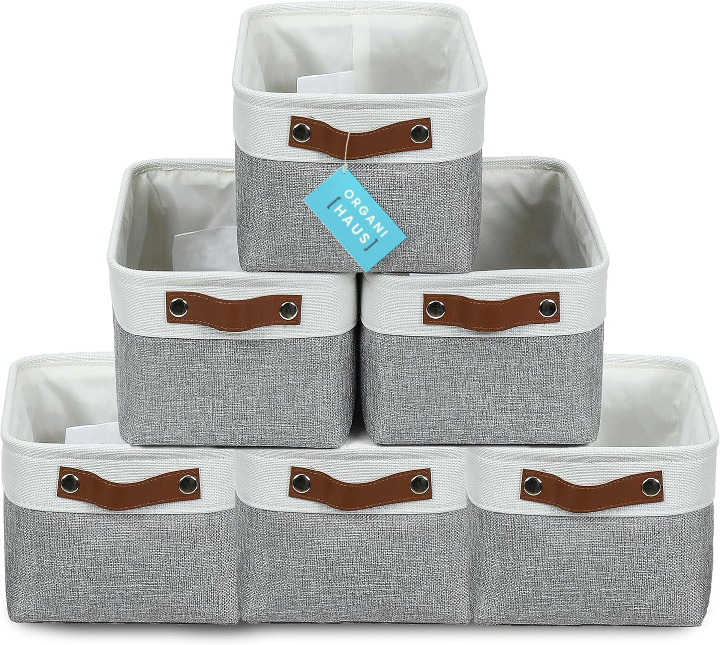 OrganiHaus Small Fabric Storage Baskets for Shelves 3 Pack, 12x8in Closet Storage Bins for Shelves, Cloth Baskets for Organizing, Linen Closet Organizers, Fabric Basket, Beige/White