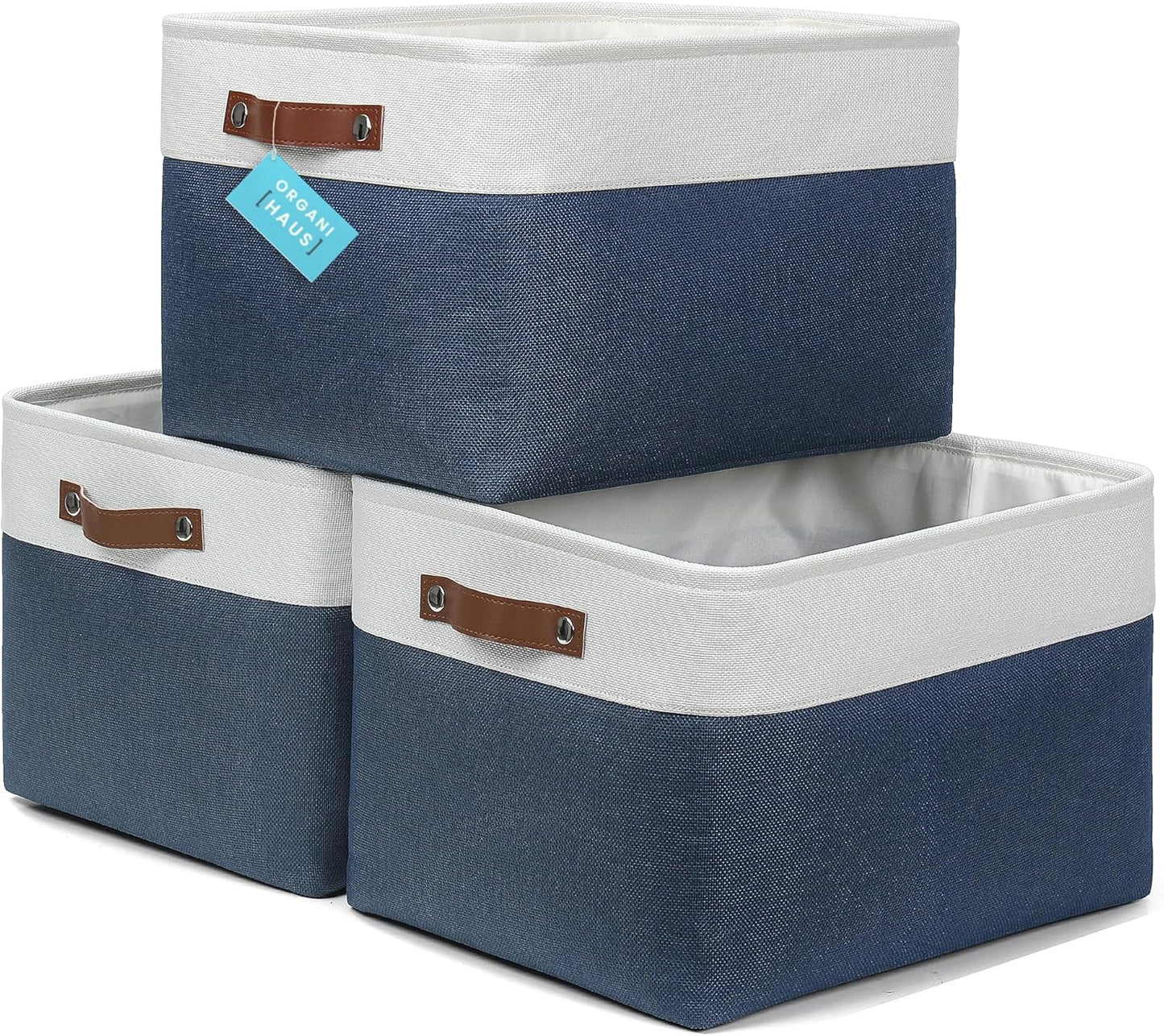 OrganiHaus Small Fabric Storage Baskets for Shelves 3 Pack, 12x8in Closet Storage Bins for Shelves, Cloth Baskets for Organizing, Linen Closet Organizers, Fabric Basket, Beige/White