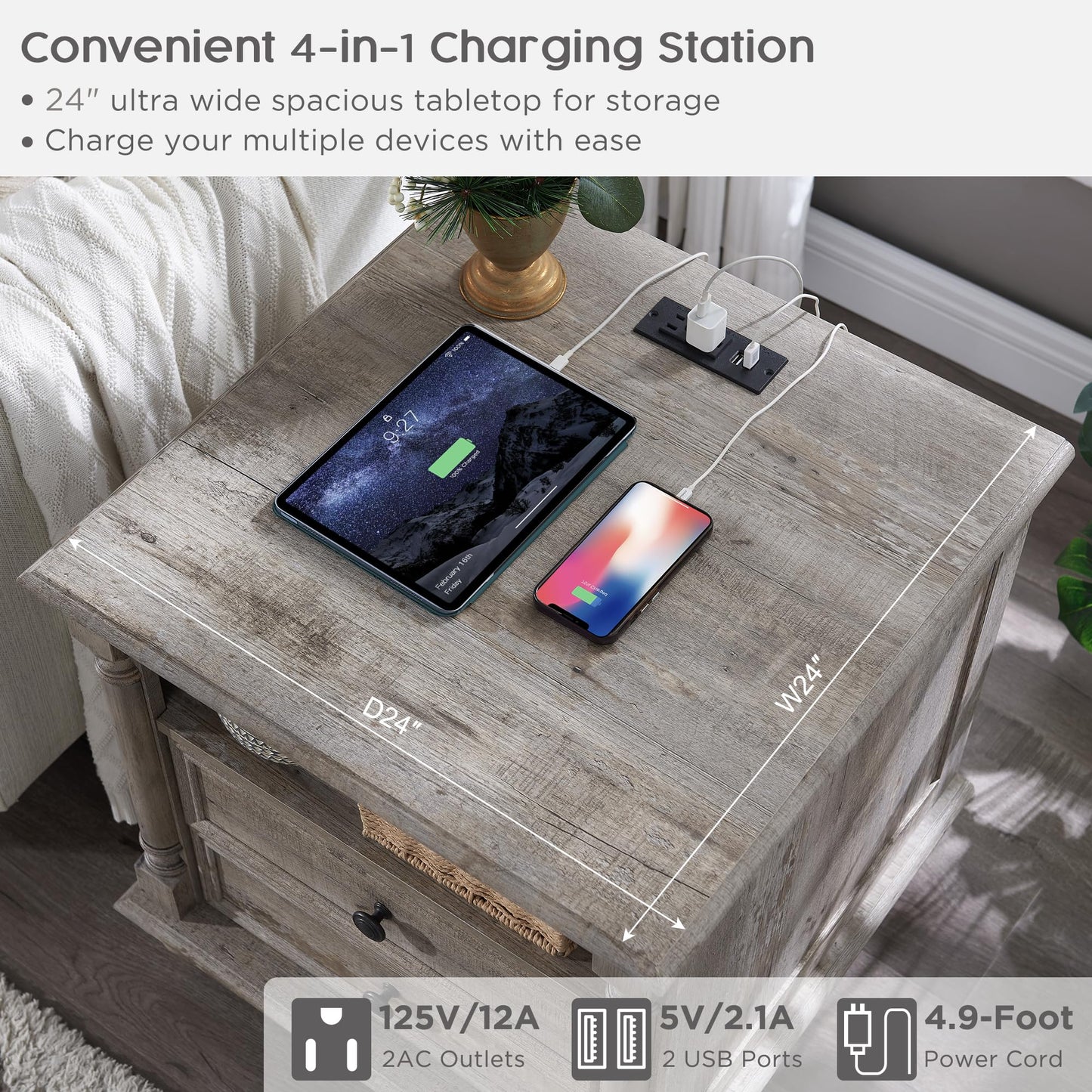 T4TREAM 24'' Farmhouse End Table w/4 Solid Wood Feet, Large 2 Drawers Wide Sofa Side Table with Charging Station, Tall Rustic Wood Square Nightstand for Living Room, Bedroom, Office, Antique White