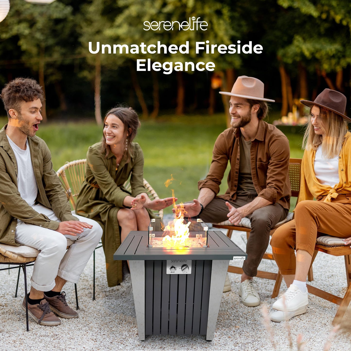 SereneLife Outdoor Propane Gas Fire Pit Table – 50,000 BTU Auto-Ignition Firepit with Glass Wind Guard, Black Tempered Glass Top & Clear Glass Rocks for Garden, Patio, or Backyard