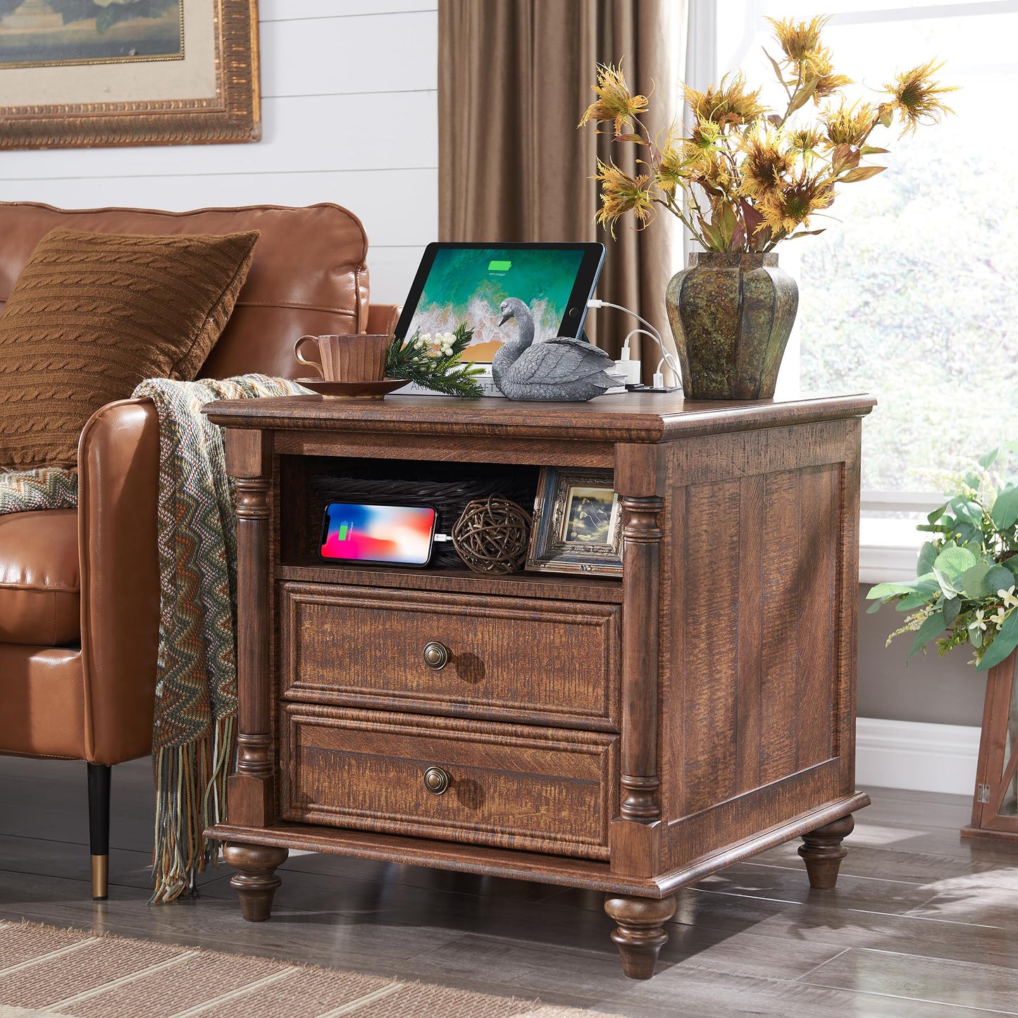 T4TREAM 24'' Farmhouse End Table w/4 Solid Wood Feet, Large 2 Drawers Wide Sofa Side Table with Charging Station, Tall Rustic Wood Square Nightstand for Living Room, Bedroom, Office, Antique White
