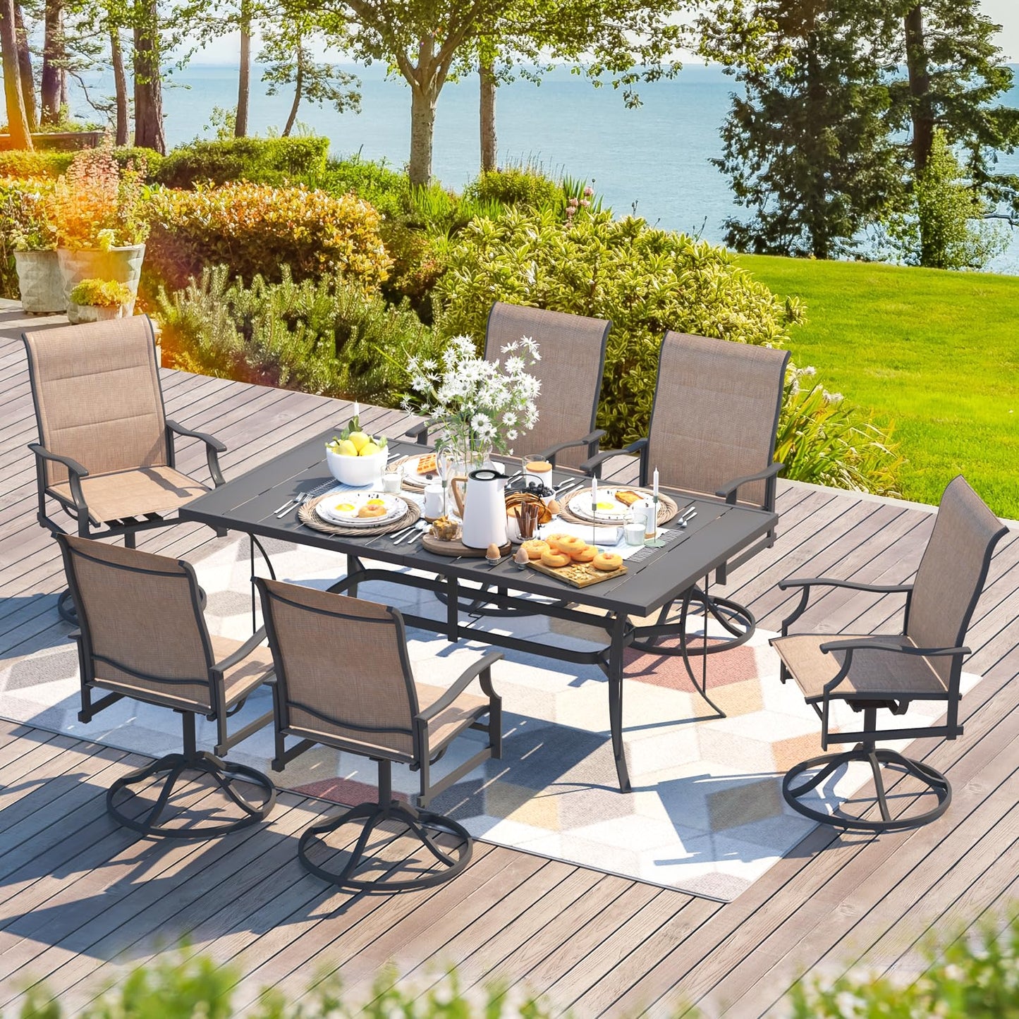 9-Piece Outdoor Patio Dining Set with 8 Swivel Rocker Chairs, Rectangular Metal Table with Umbrella Hole, 8-Person Patio Table and Chairs for Backyard, Poolside, Balcony and Garden Grey