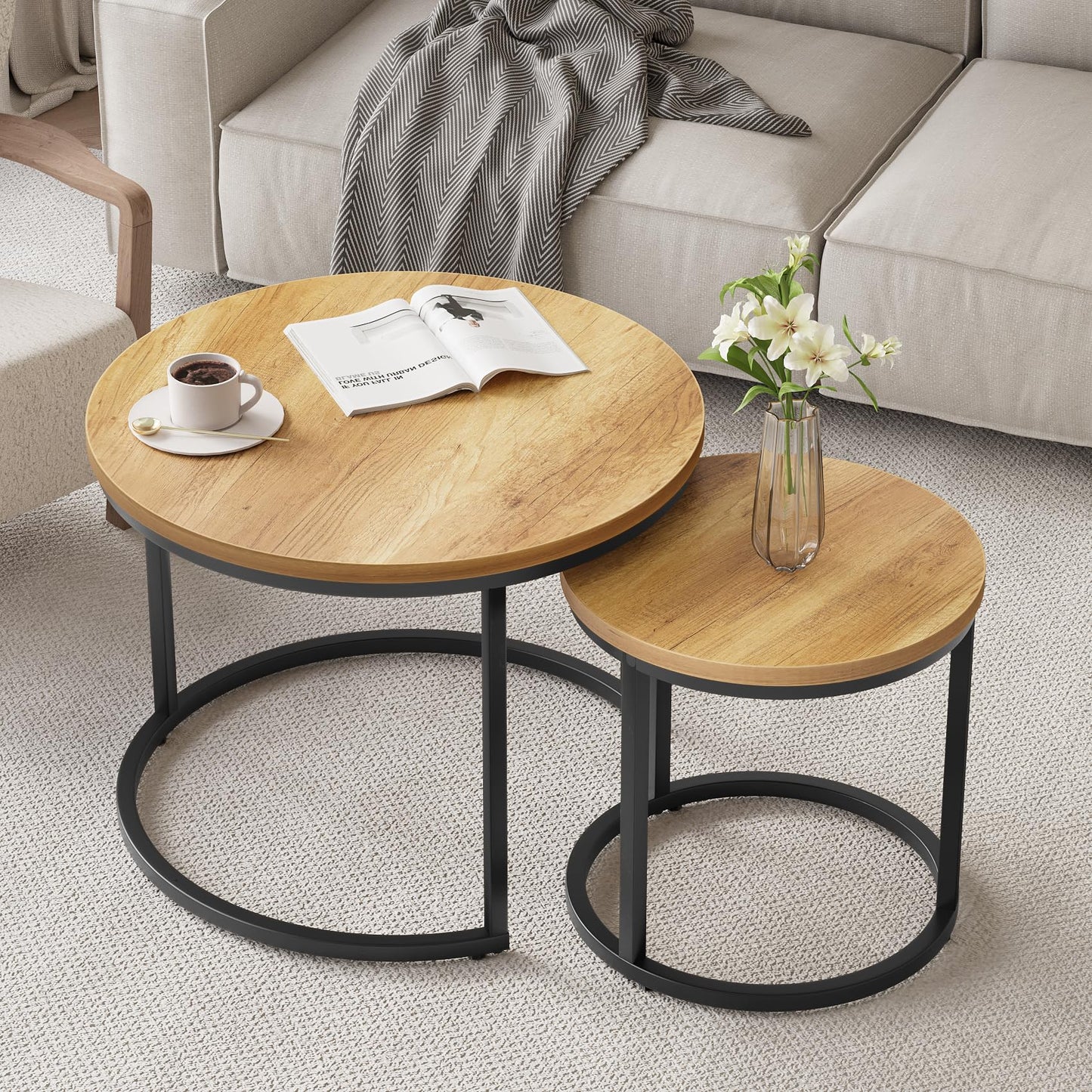 Smuxee Nesting Coffee Table Set of 2, 23.6" Round Coffee Table Wood Grain Top with Adjustable Non-Slip Feet, Industrial End Table Side Tables for Living Room Bedroom Balcony Yard