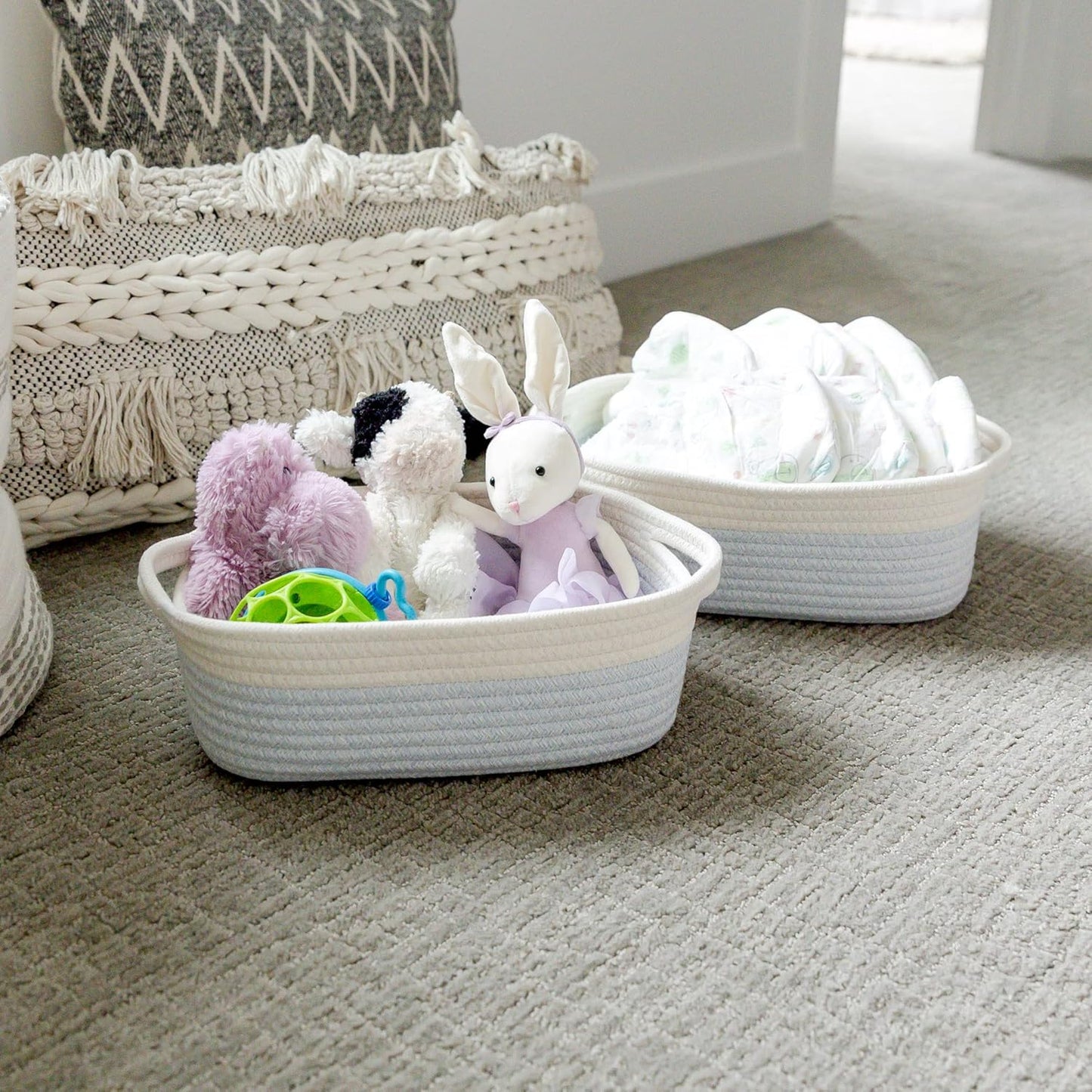NaturalCozy 5-Piece Rectangle Storage Basket Set- Natural Cotton Rope Woven for Organizing! Small Basket for Montessori, Baby Nursery, Dog Toy Baskets, Cat Toy Box, Bathroom Organization Bin