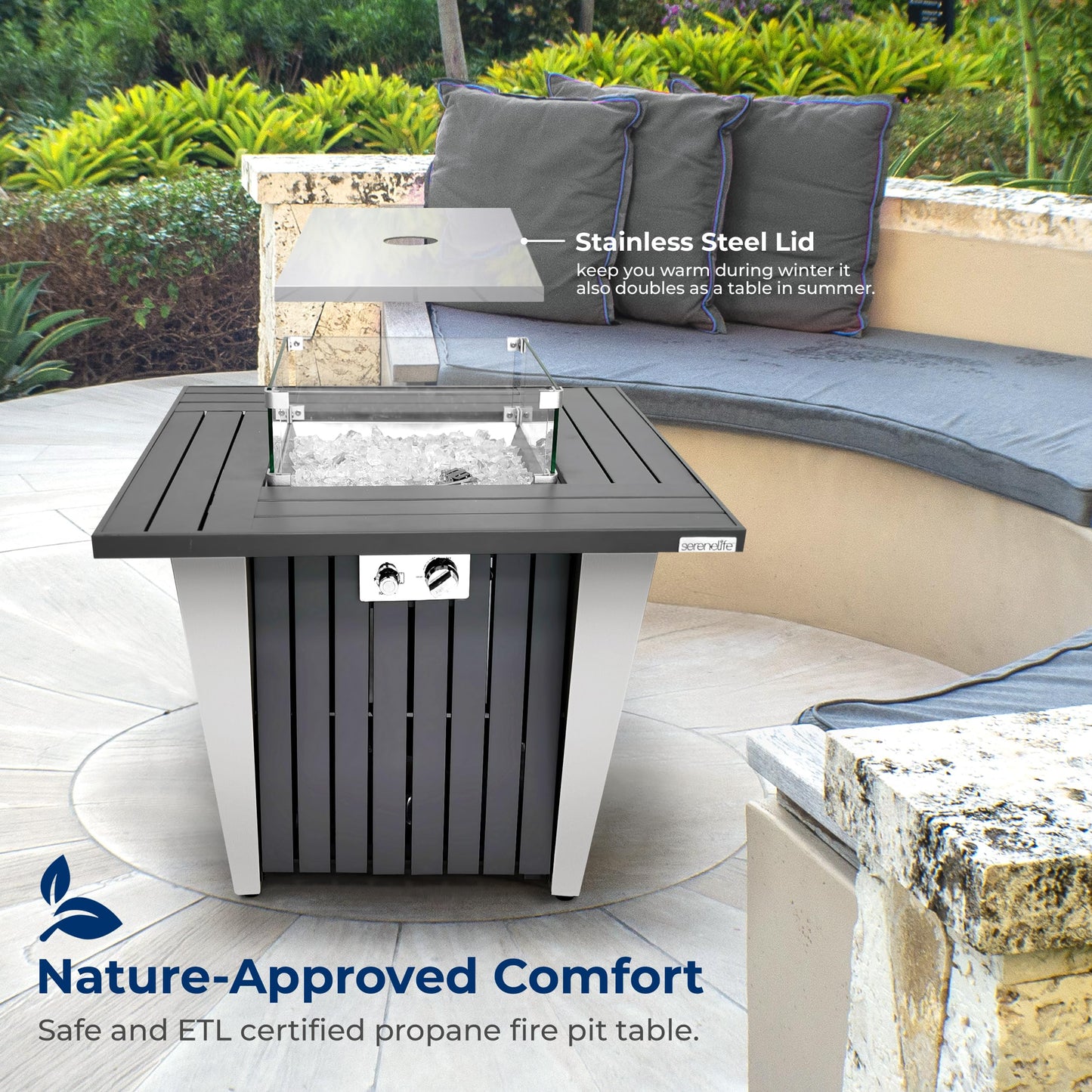 SereneLife Outdoor Propane Gas Fire Pit Table – 50,000 BTU Auto-Ignition Firepit with Glass Wind Guard, Black Tempered Glass Top & Clear Glass Rocks for Garden, Patio, or Backyard