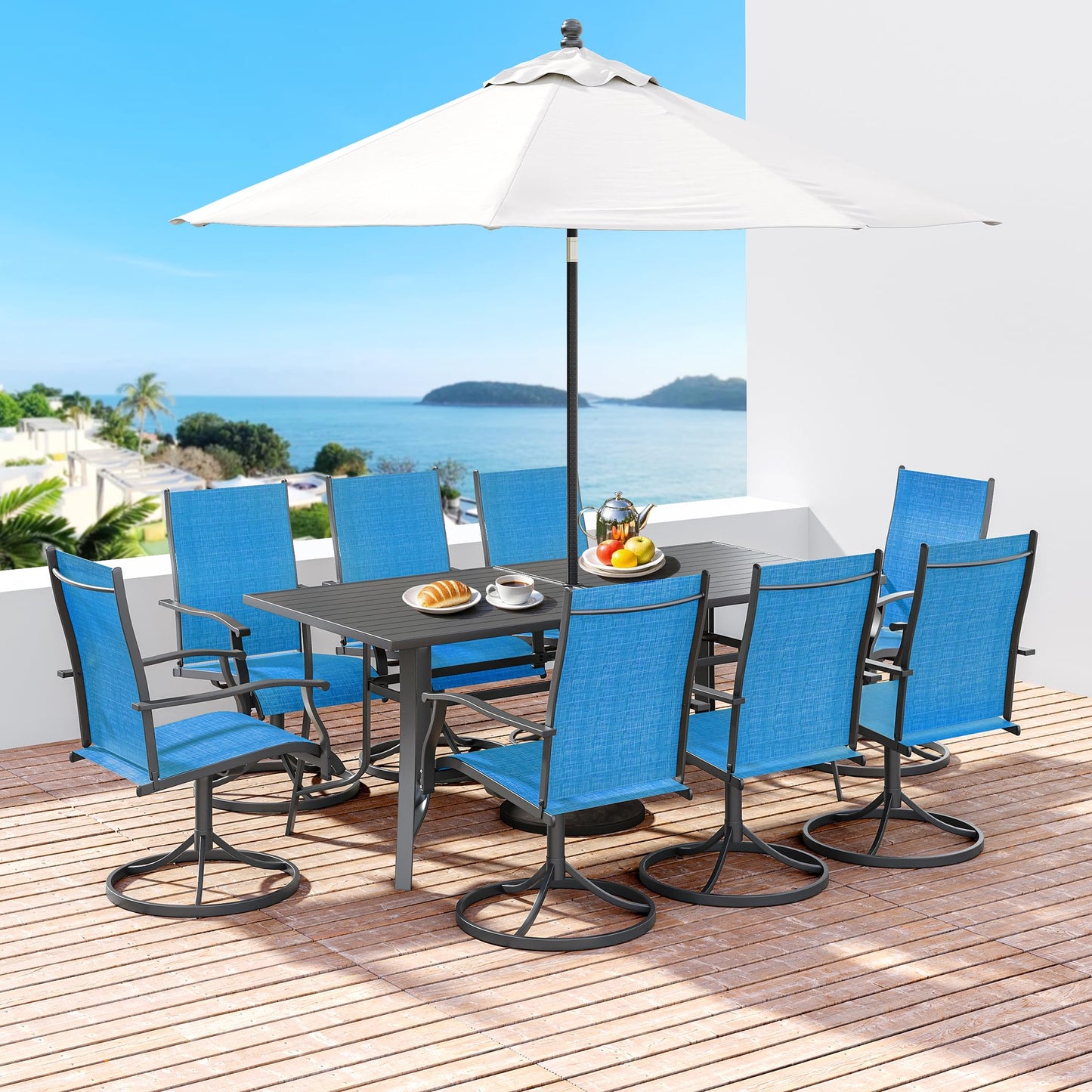 9-Piece Outdoor Patio Dining Set with 8 Swivel Rocker Chairs, Rectangular Metal Table with Umbrella Hole, 8-Person Patio Table and Chairs for Backyard, Poolside, Balcony and Garden Grey