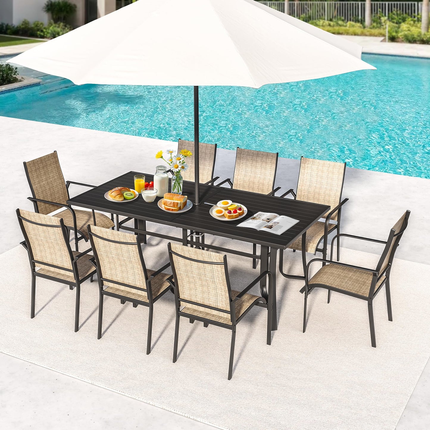 9-Piece Outdoor Patio Dining Set with 8 Swivel Rocker Chairs, Rectangular Metal Table with Umbrella Hole, 8-Person Patio Table and Chairs for Backyard, Poolside, Balcony and Garden Grey