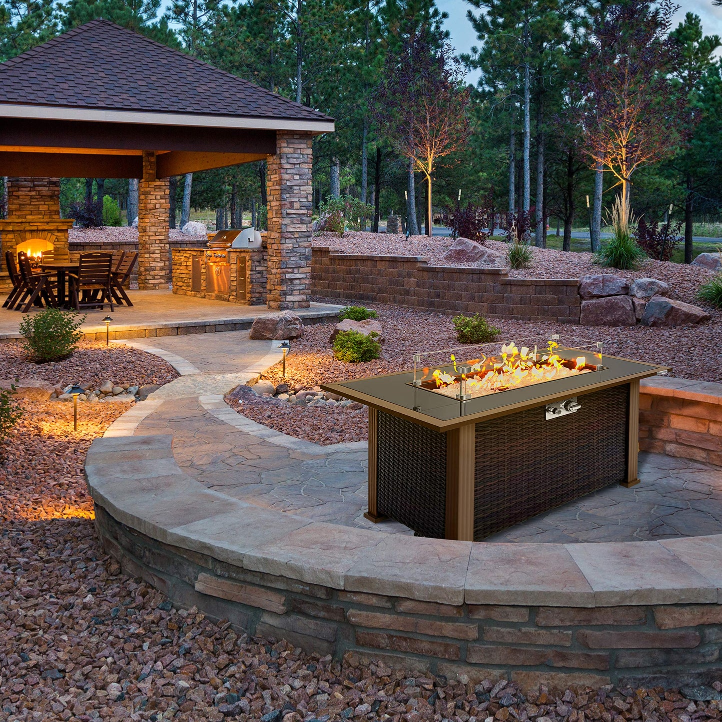 SereneLife Outdoor Propane Gas Fire Pit Table – 50,000 BTU Auto-Ignition Firepit with Glass Wind Guard, Black Tempered Glass Top & Clear Glass Rocks for Garden, Patio, or Backyard