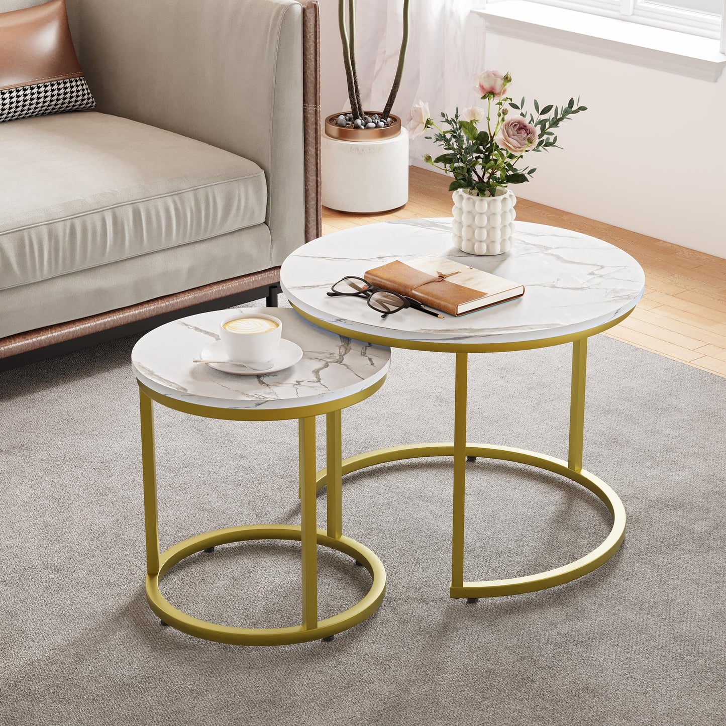 Smuxee Nesting Coffee Table Set of 2, 23.6" Round Coffee Table Wood Grain Top with Adjustable Non-Slip Feet, Industrial End Table Side Tables for Living Room Bedroom Balcony Yard