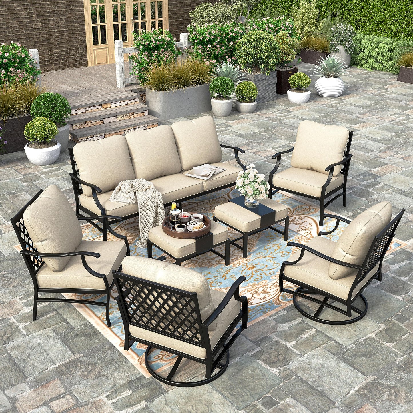 HERA'S HOUSE 7 Piece Patio Furniture Set, 2 x Rocking Chair, 2 x Fixed Chair, 2 x Ottoman, 1 x 3-Seat Sofa, All Cushioned 9 Seats Outdoor Conversation Set for Lawn Garden Backyard