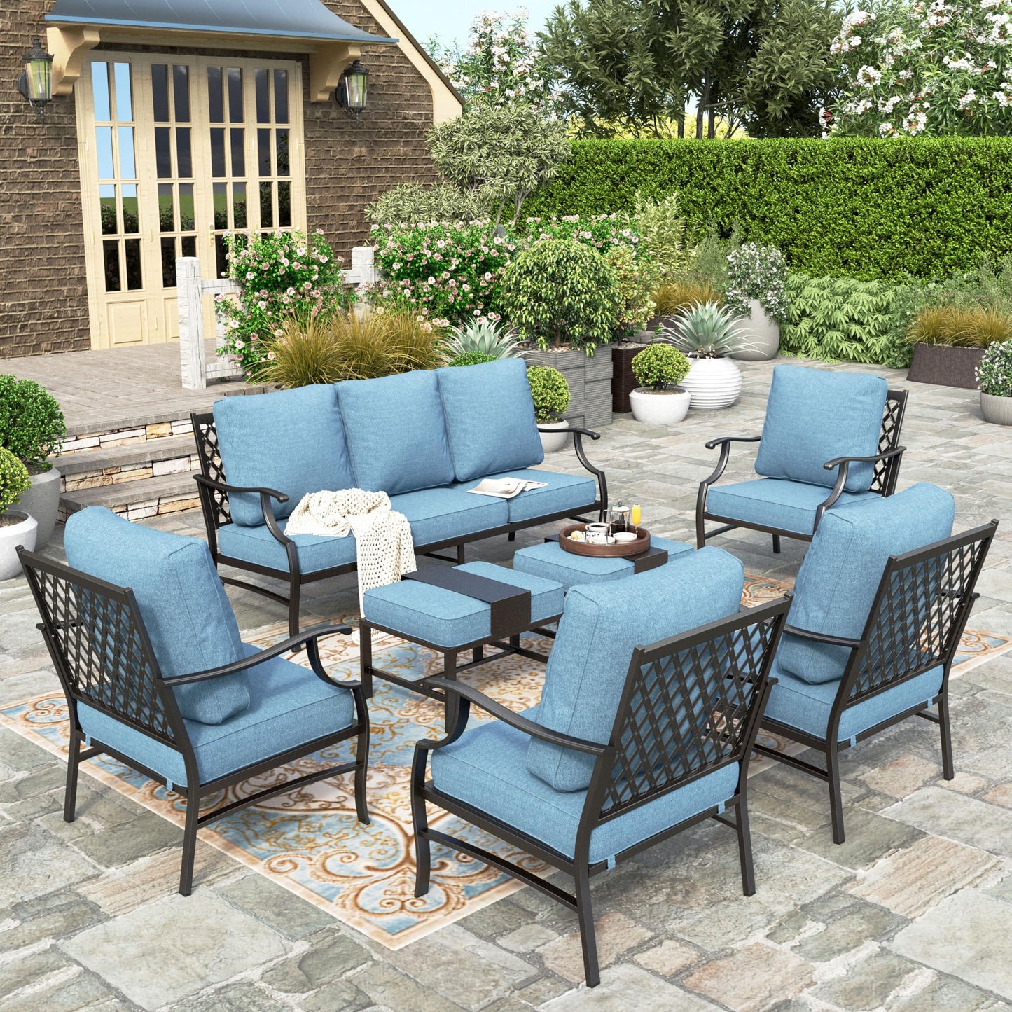 HERA'S HOUSE 7 Piece Patio Furniture Set, 2 x Rocking Chair, 2 x Fixed Chair, 2 x Ottoman, 1 x 3-Seat Sofa, All Cushioned 9 Seats Outdoor Conversation Set for Lawn Garden Backyard
