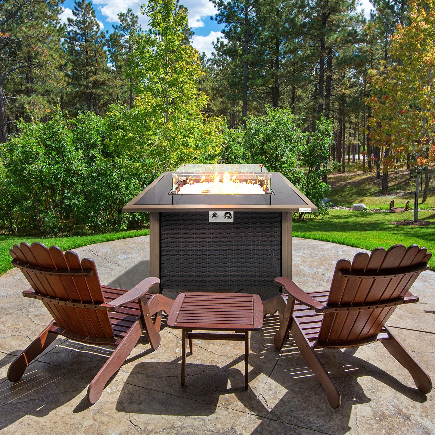 SereneLife Outdoor Propane Gas Fire Pit Table – 50,000 BTU Auto-Ignition Firepit with Glass Wind Guard, Black Tempered Glass Top & Clear Glass Rocks for Garden, Patio, or Backyard
