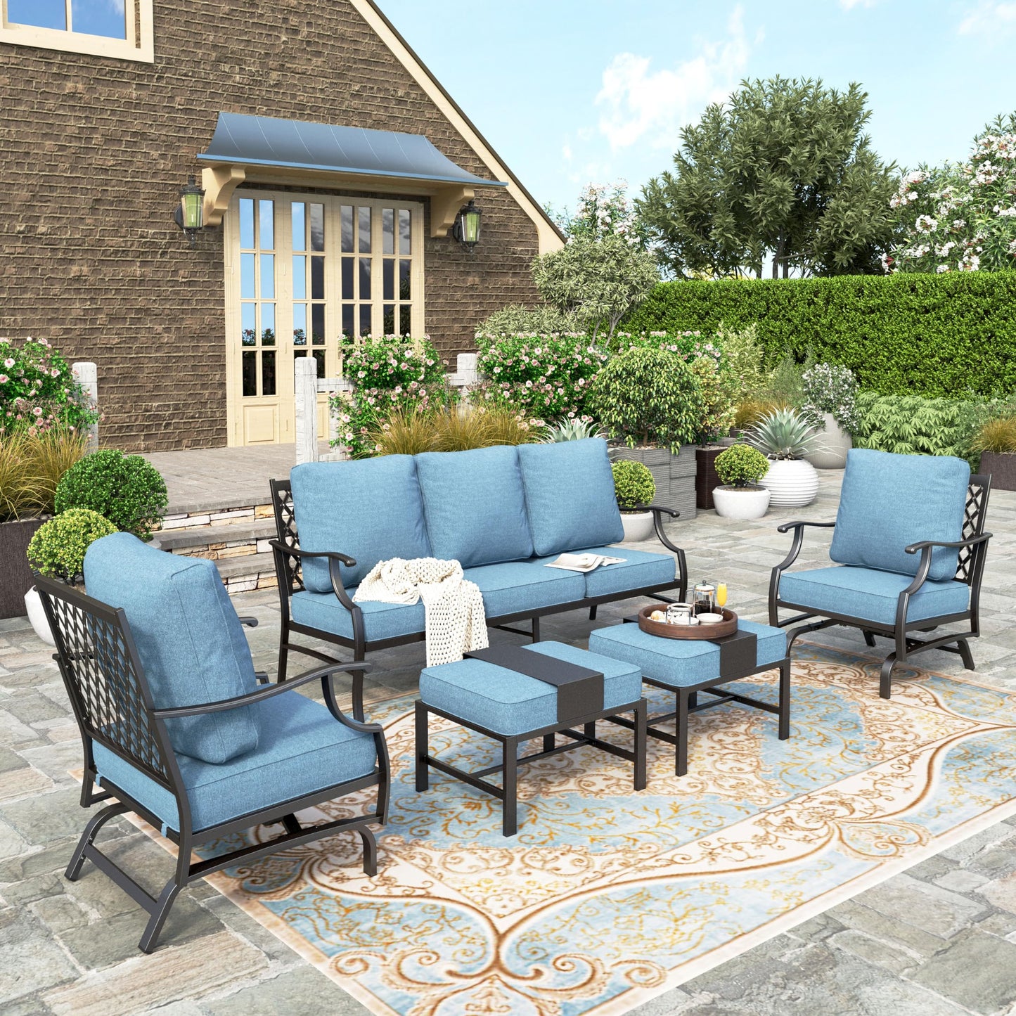 HERA'S HOUSE 7 Piece Patio Furniture Set, 2 x Rocking Chair, 2 x Fixed Chair, 2 x Ottoman, 1 x 3-Seat Sofa, All Cushioned 9 Seats Outdoor Conversation Set for Lawn Garden Backyard