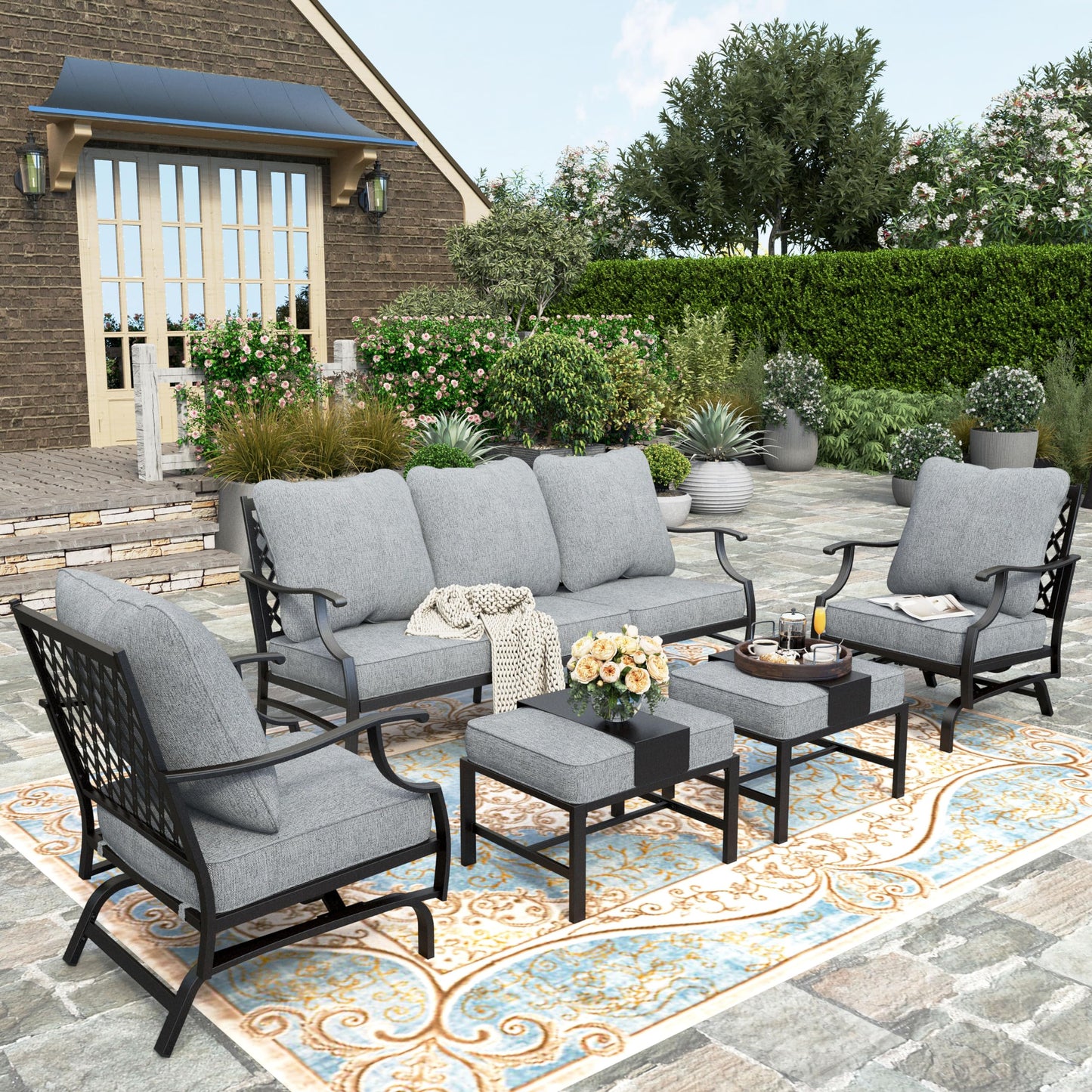 HERA'S HOUSE 7 Piece Patio Furniture Set, 2 x Rocking Chair, 2 x Fixed Chair, 2 x Ottoman, 1 x 3-Seat Sofa, All Cushioned 9 Seats Outdoor Conversation Set for Lawn Garden Backyard